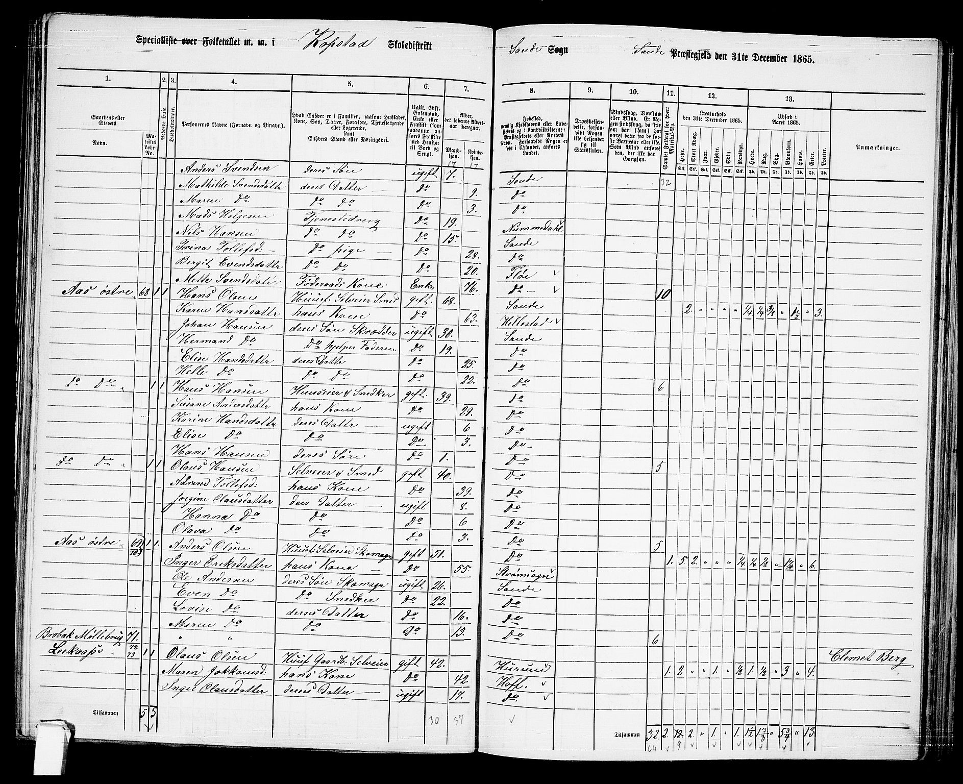 RA, 1865 census for Sande, 1865, p. 60