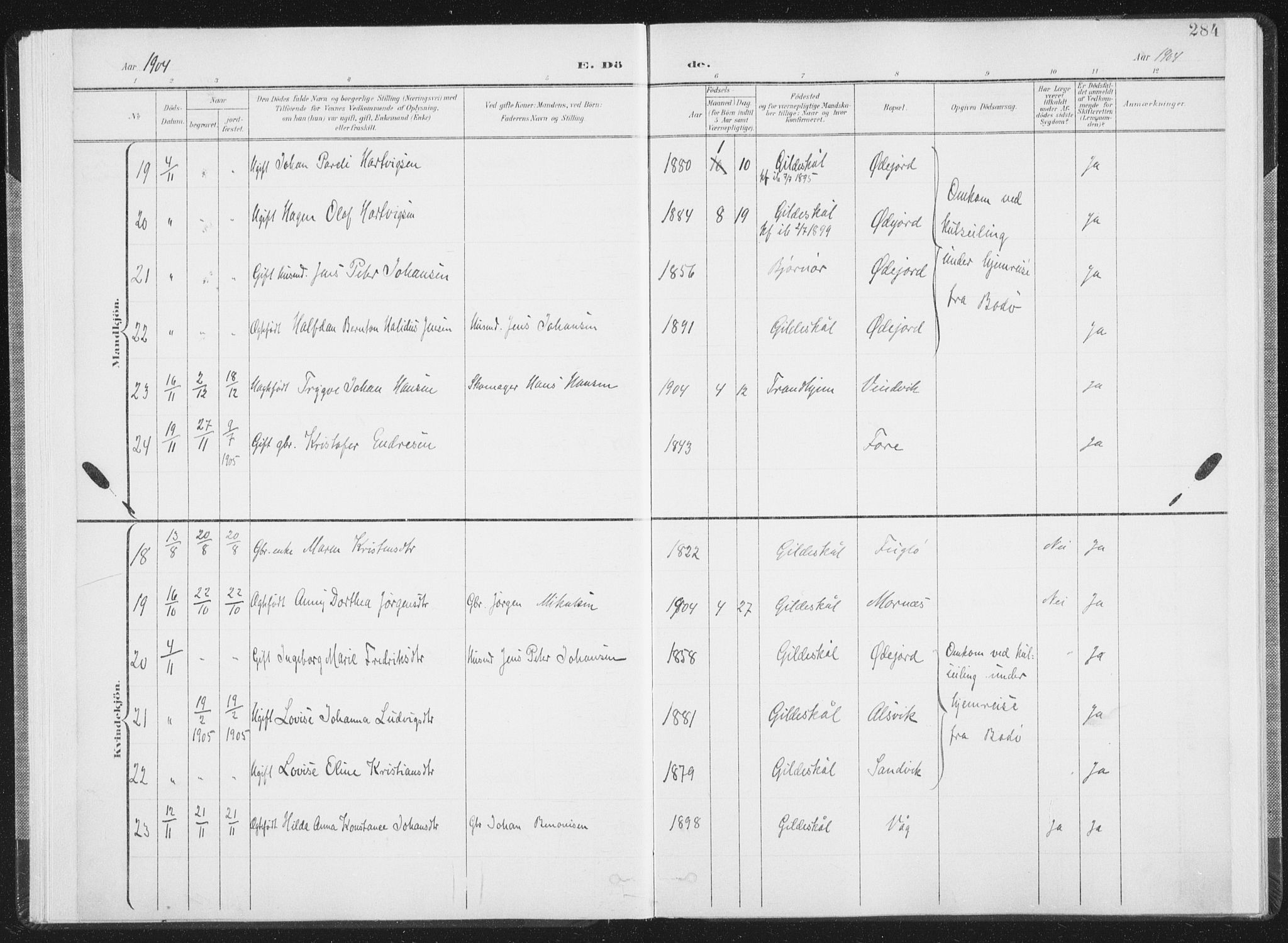 Ministerialprotokoller, klokkerbøker og fødselsregistre - Nordland, AV/SAT-A-1459/805/L0103: Parish register (official) no. 805A08II, 1900-1909, p. 284