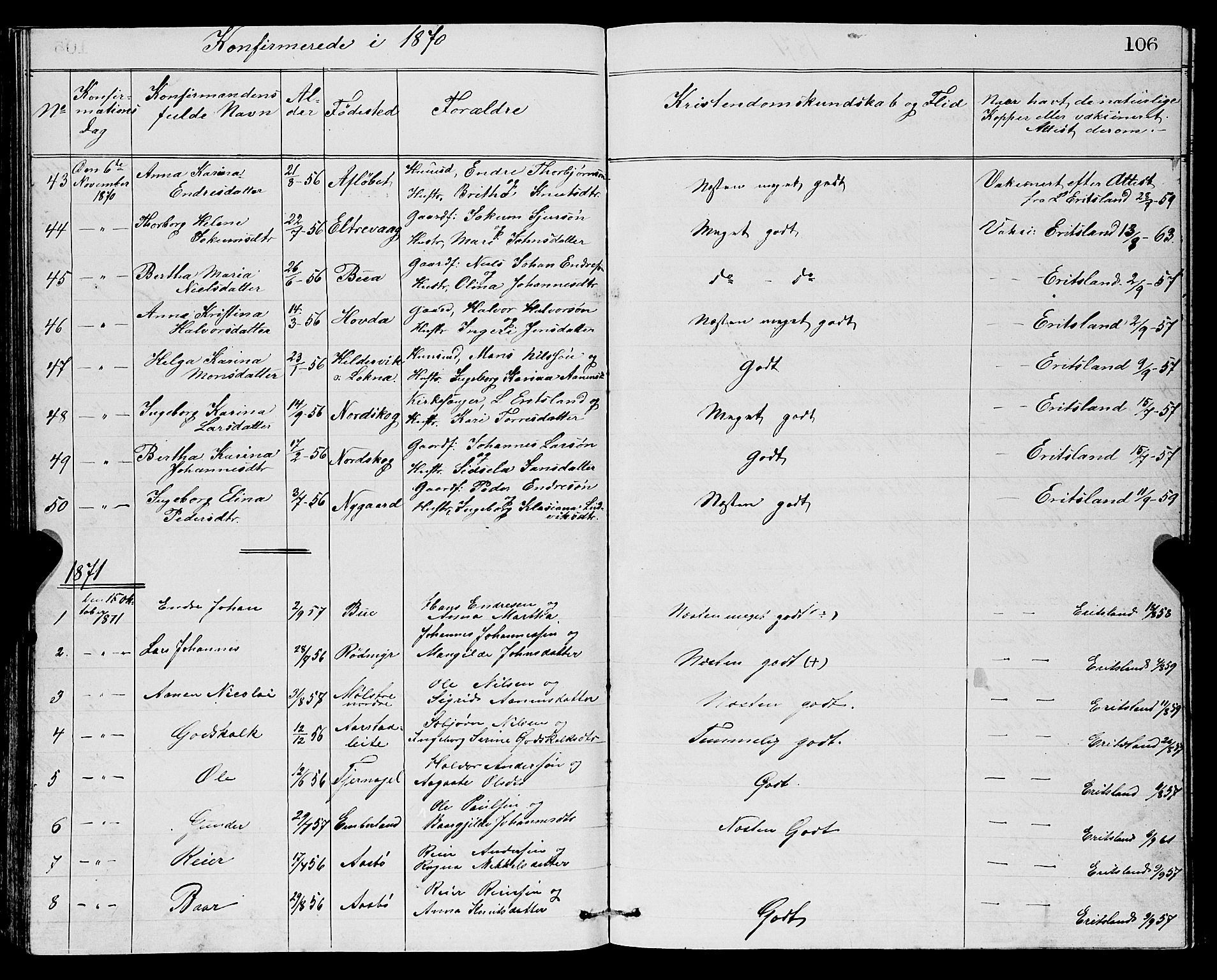 Sveio Sokneprestembete, SAB/A-78501/H/Hab: Parish register (copy) no. A 2, 1866-1877, p. 106