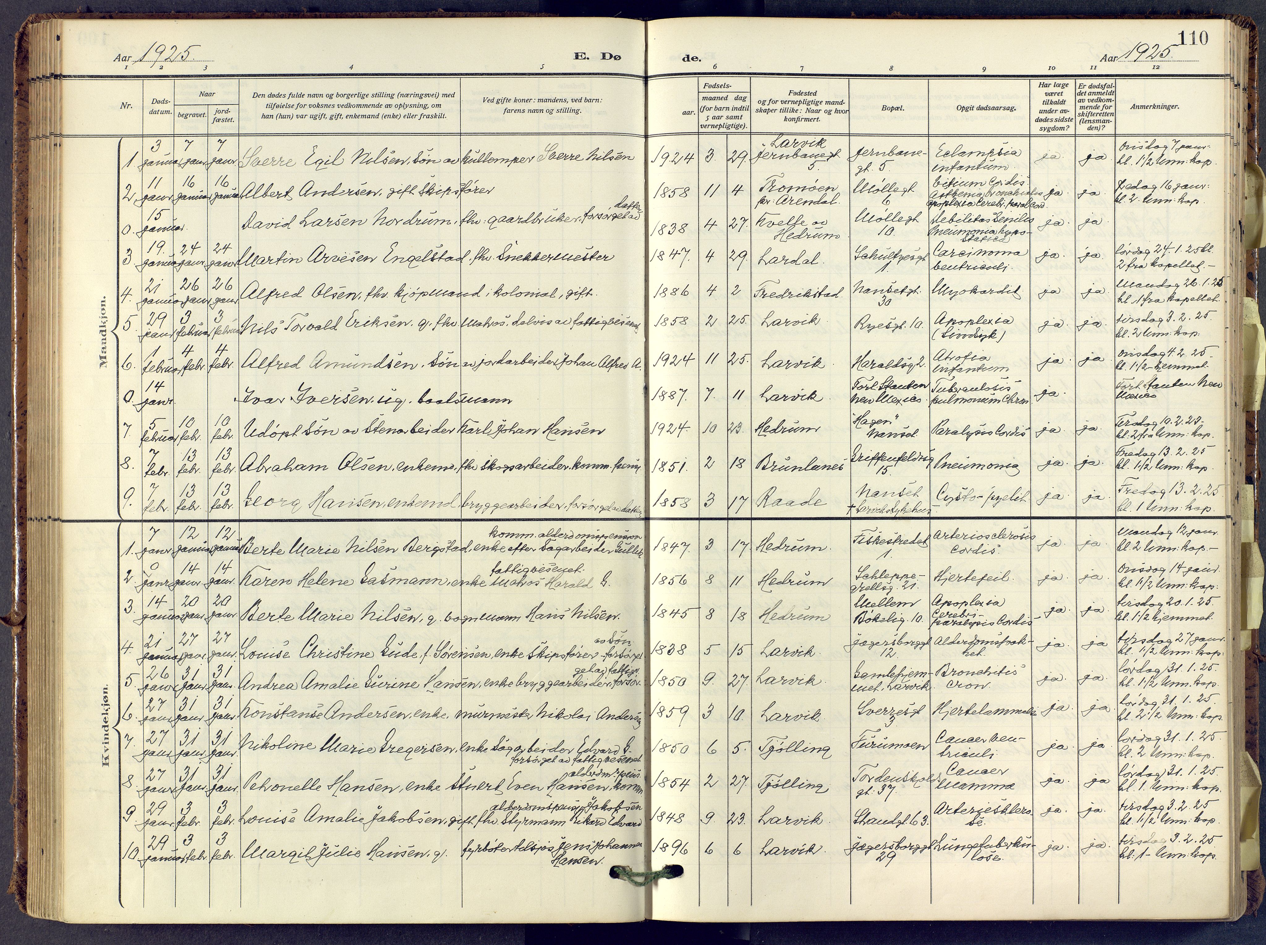 Larvik kirkebøker, AV/SAKO-A-352/F/Fa/L0013: Parish register (official) no. I 13, 1910-1960, p. 110