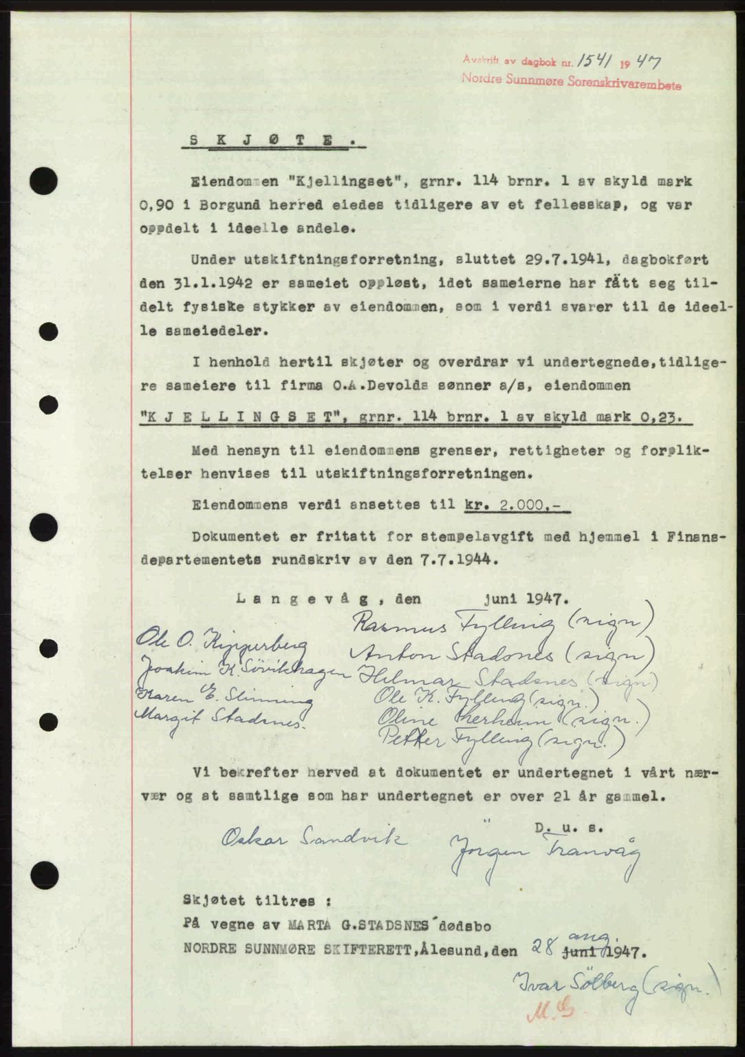 Nordre Sunnmøre sorenskriveri, AV/SAT-A-0006/1/2/2C/2Ca: Mortgage book no. A25, 1947-1947, Diary no: : 1541/1947