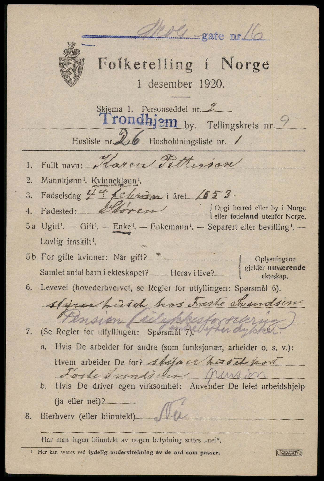 SAT, 1920 census for Trondheim, 1920, p. 44832