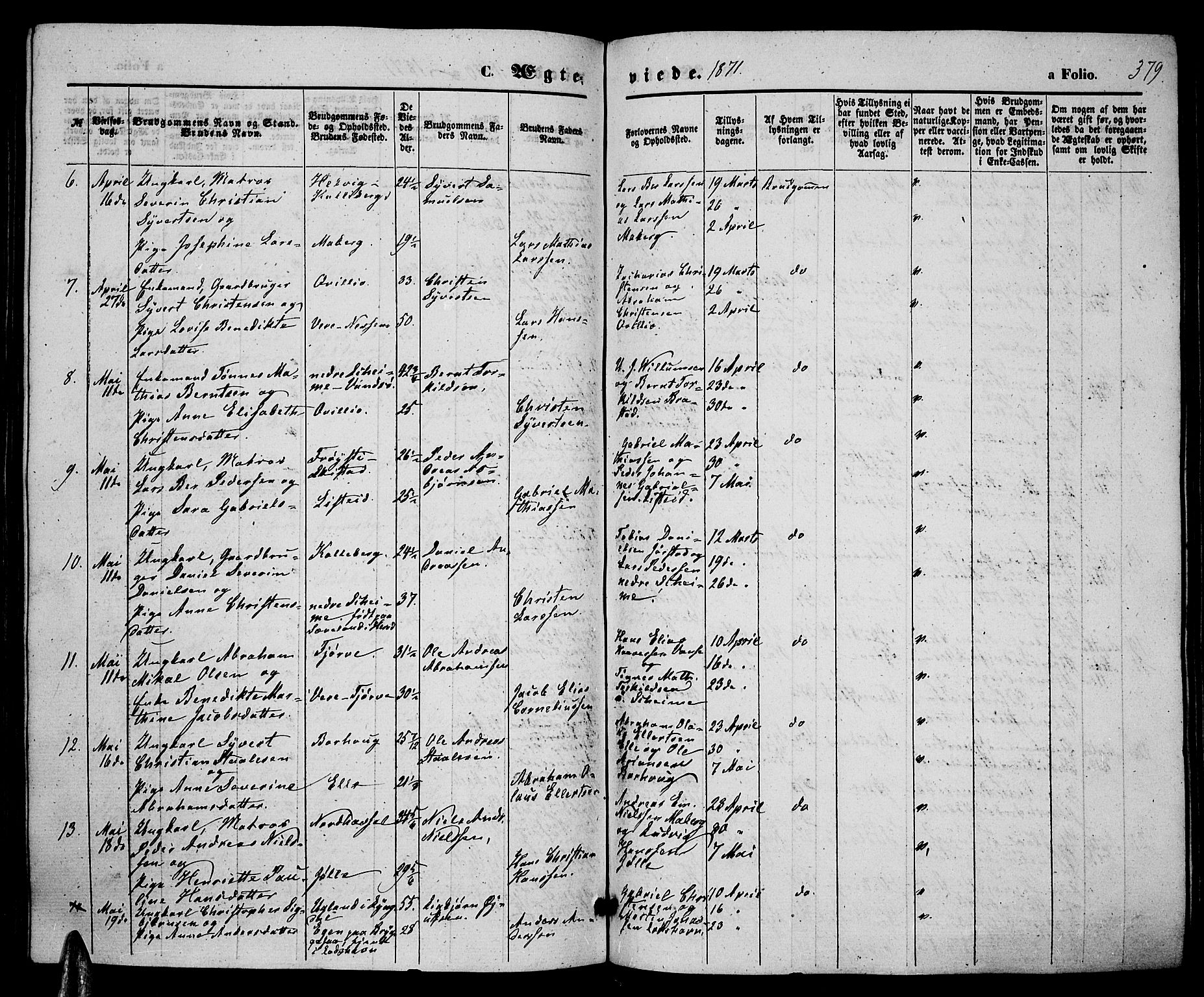 Lista sokneprestkontor, SAK/1111-0027/F/Fb/L0003: Parish register (copy) no. B 3, 1862-1877, p. 379