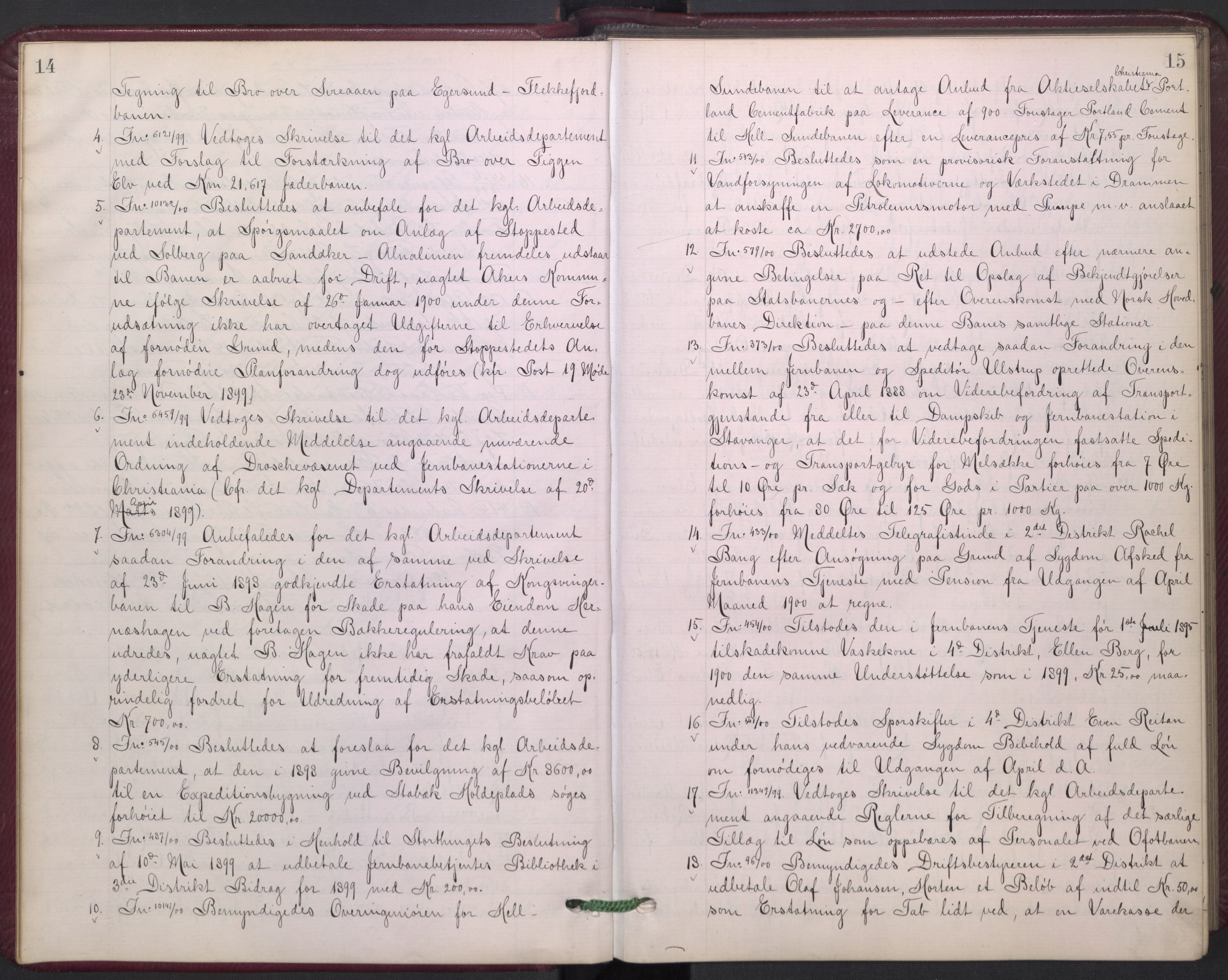 Norges statsbaner, Administrasjons- økonomi- og personalavdelingen, AV/RA-S-3412/A/Aa/L0005: Forhandlingsprotokoll, 1900-1902, p. 14-15