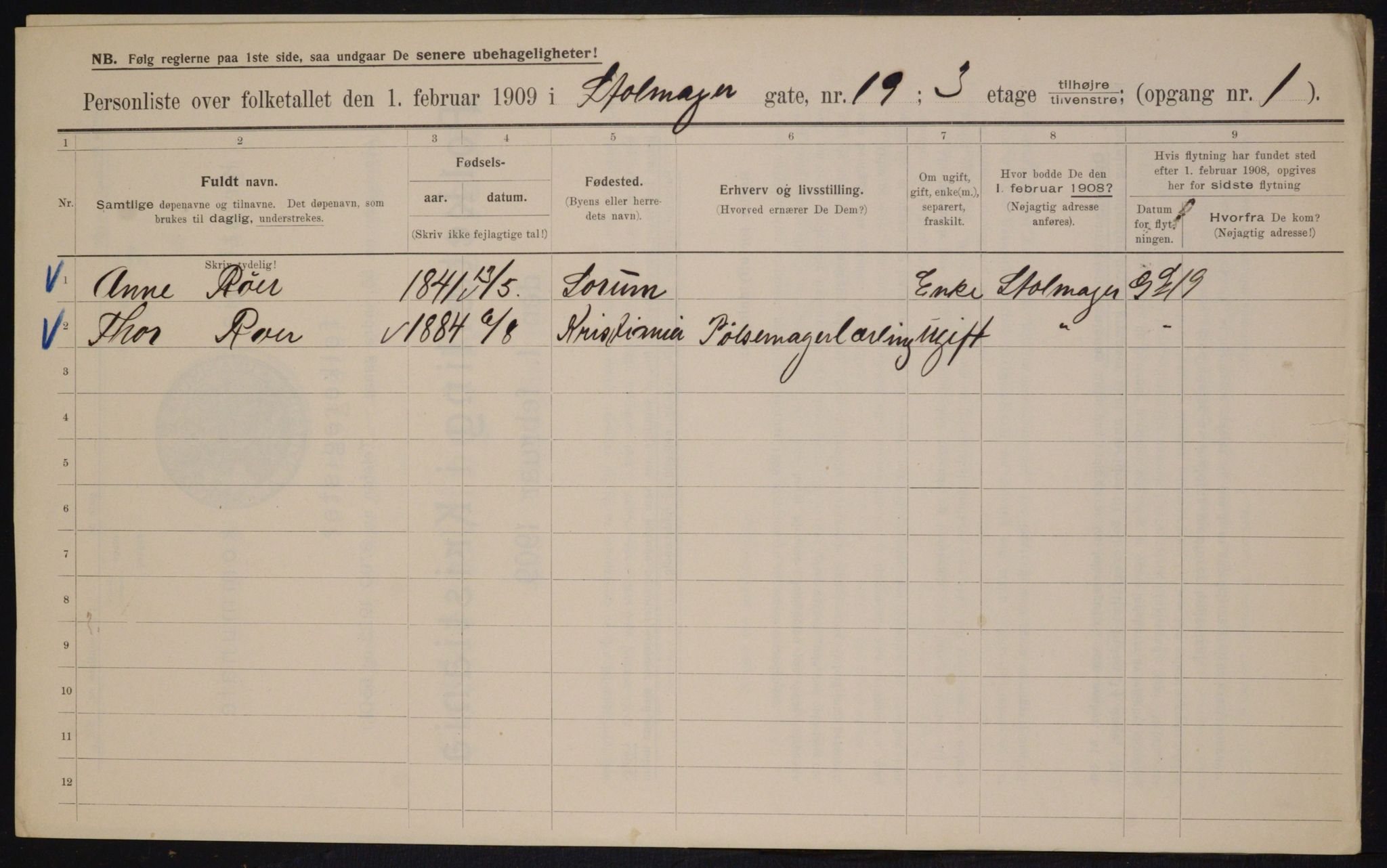 OBA, Municipal Census 1909 for Kristiania, 1909, p. 92997