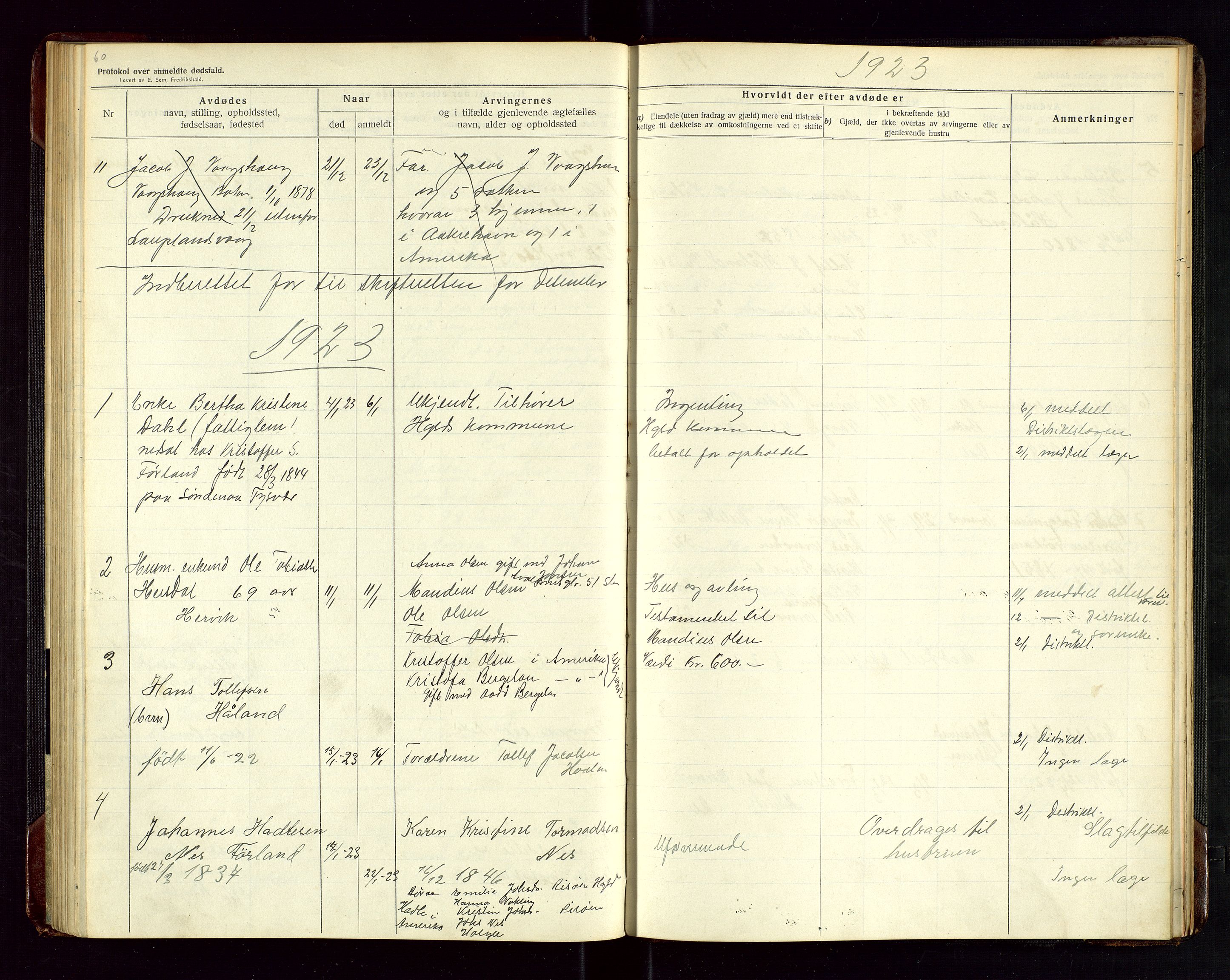 Tysvær lensmannskontor, AV/SAST-A-100192/Gga/L0003: "Protokol over anmeldte dødsfald i Tysvær" med register, 1916-1926, p. 60