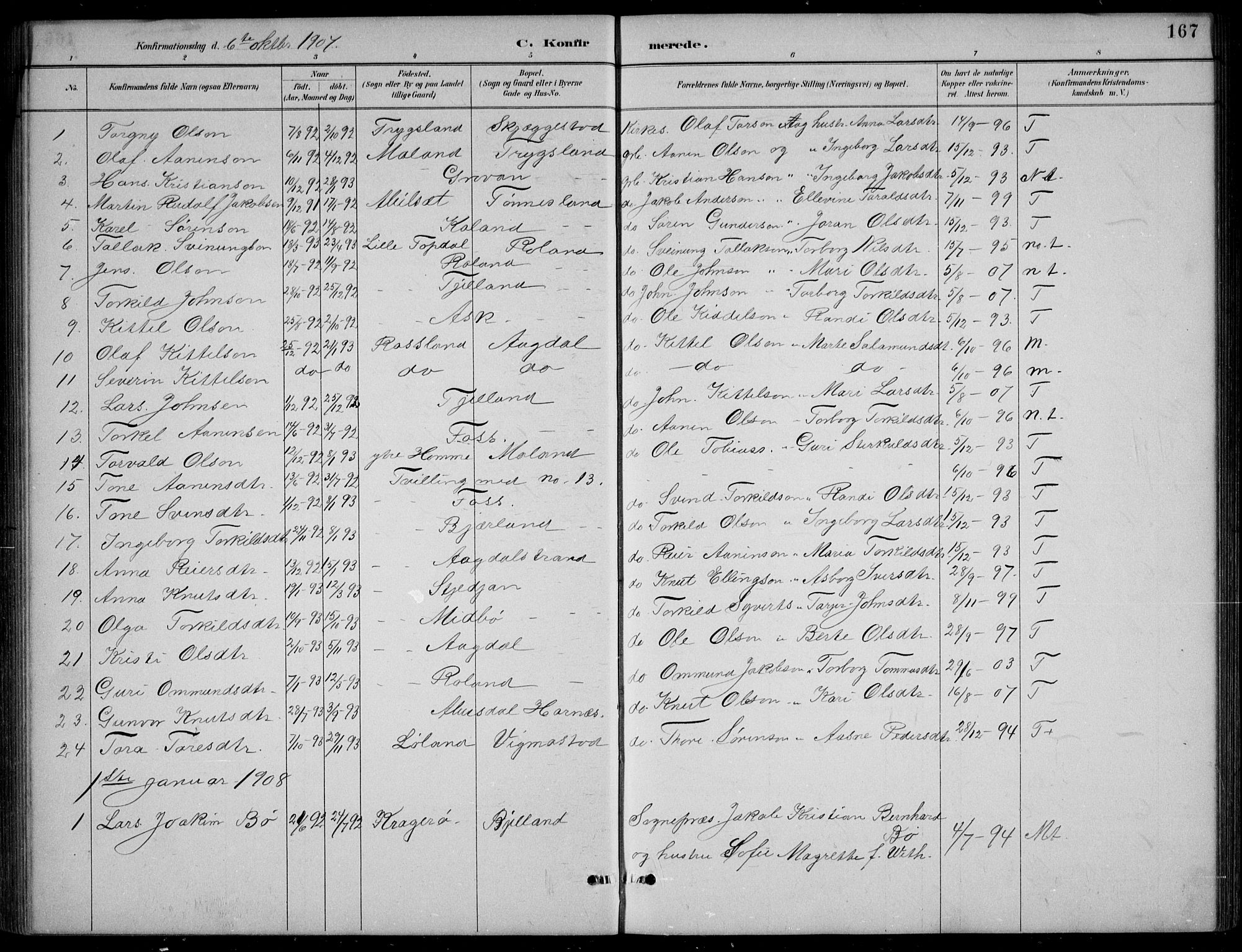 Bjelland sokneprestkontor, SAK/1111-0005/F/Fb/Fba/L0005: Parish register (copy) no. B 5, 1887-1923, p. 167