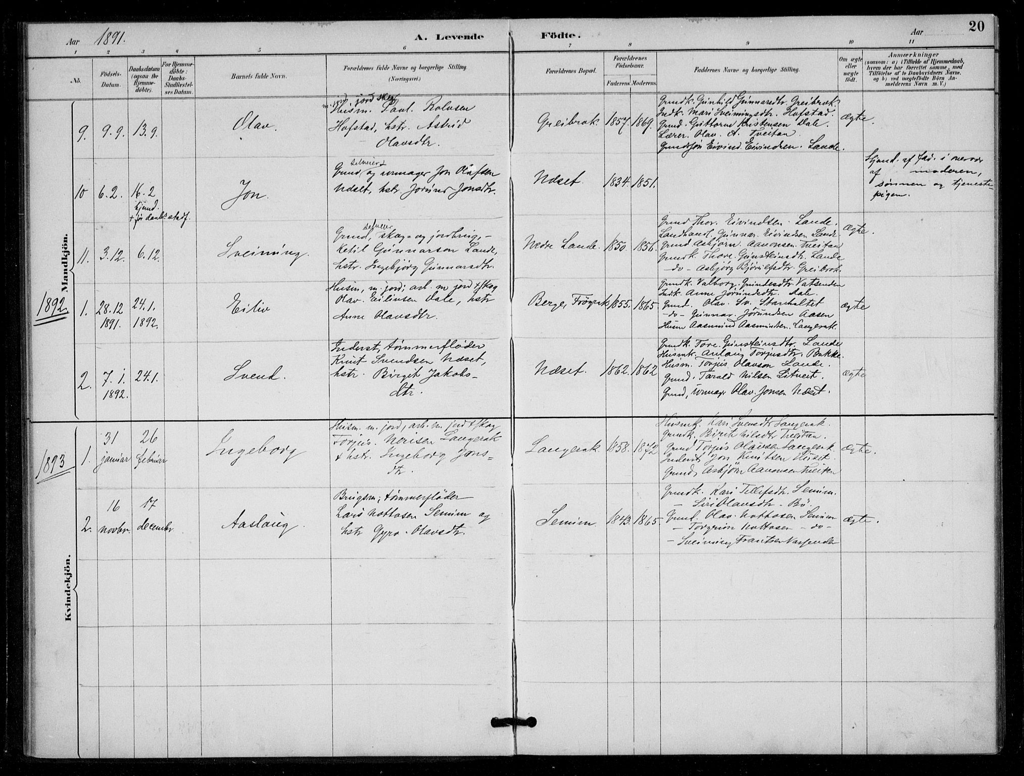 Bygland sokneprestkontor, AV/SAK-1111-0006/F/Fa/Fad/L0001: Parish register (official) no. A 1, 1885-1906, p. 20