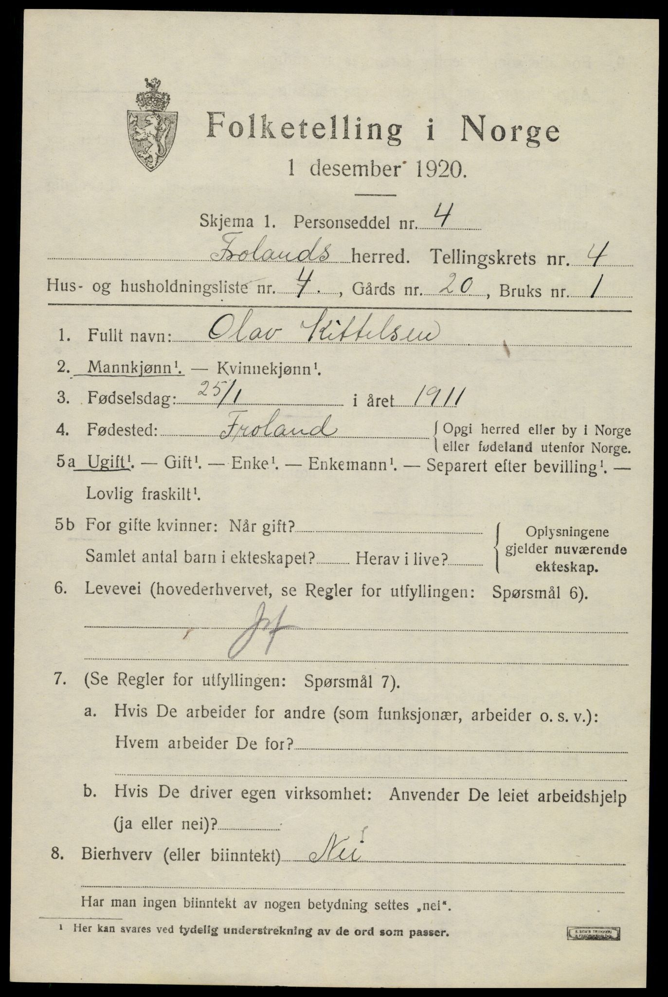 SAK, 1920 census for Froland, 1920, p. 3201