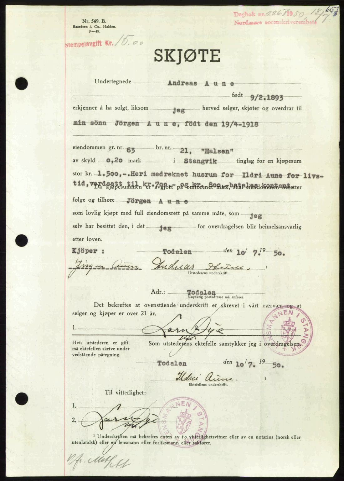 Nordmøre sorenskriveri, AV/SAT-A-4132/1/2/2Ca: Mortgage book no. A115, 1950-1950, Diary no: : 2267/1950