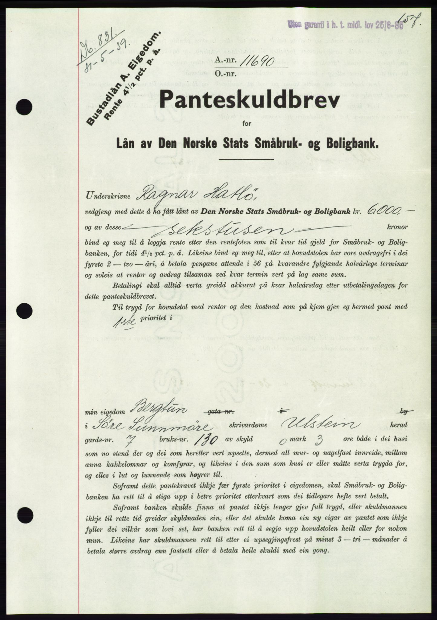 Søre Sunnmøre sorenskriveri, AV/SAT-A-4122/1/2/2C/L0068: Mortgage book no. 62, 1939-1939, Diary no: : 831/1939