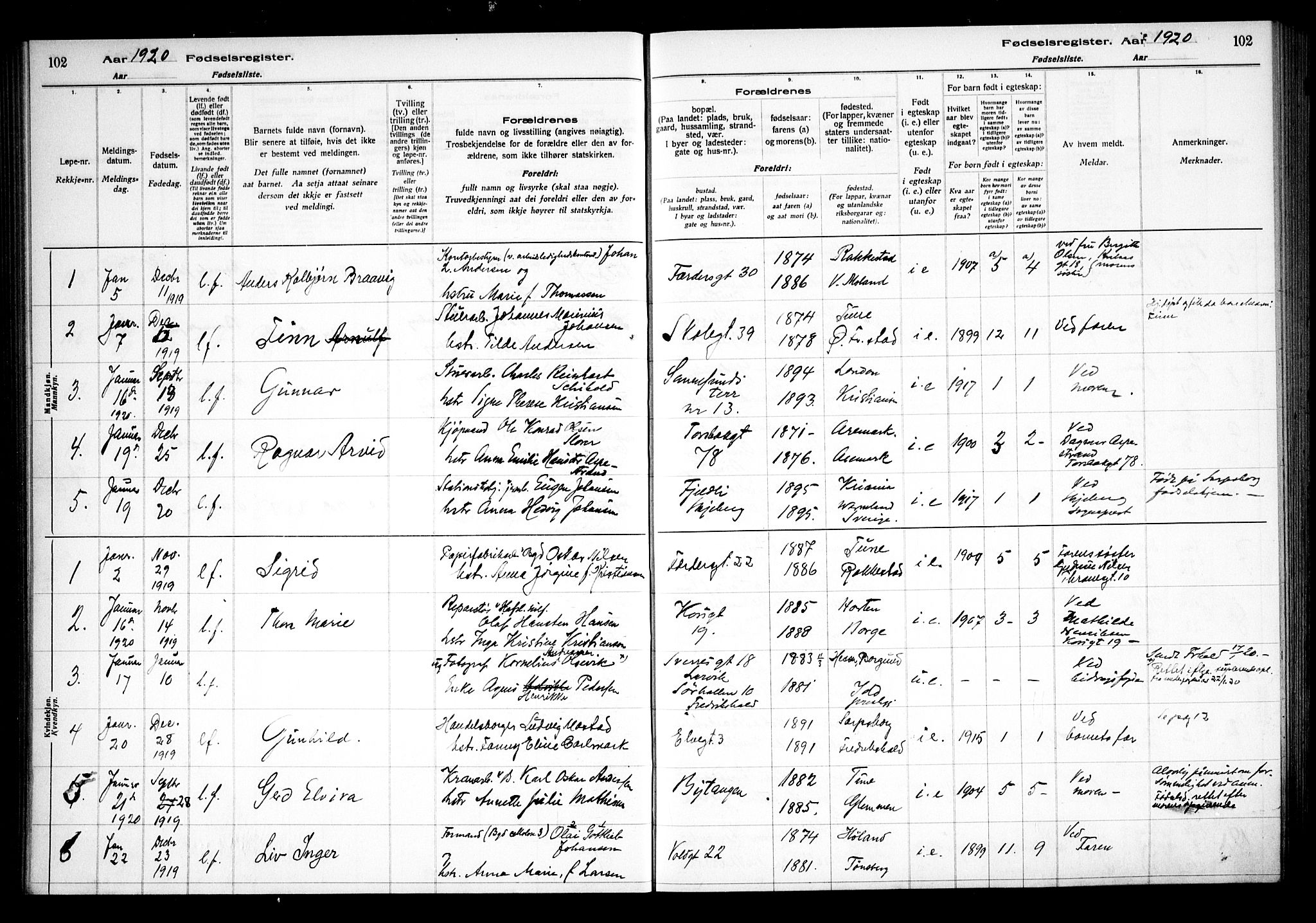 Sarpsborg prestekontor Kirkebøker, SAO/A-2006/J/Ja/L0001: Birth register no. 1, 1916-1922, p. 102