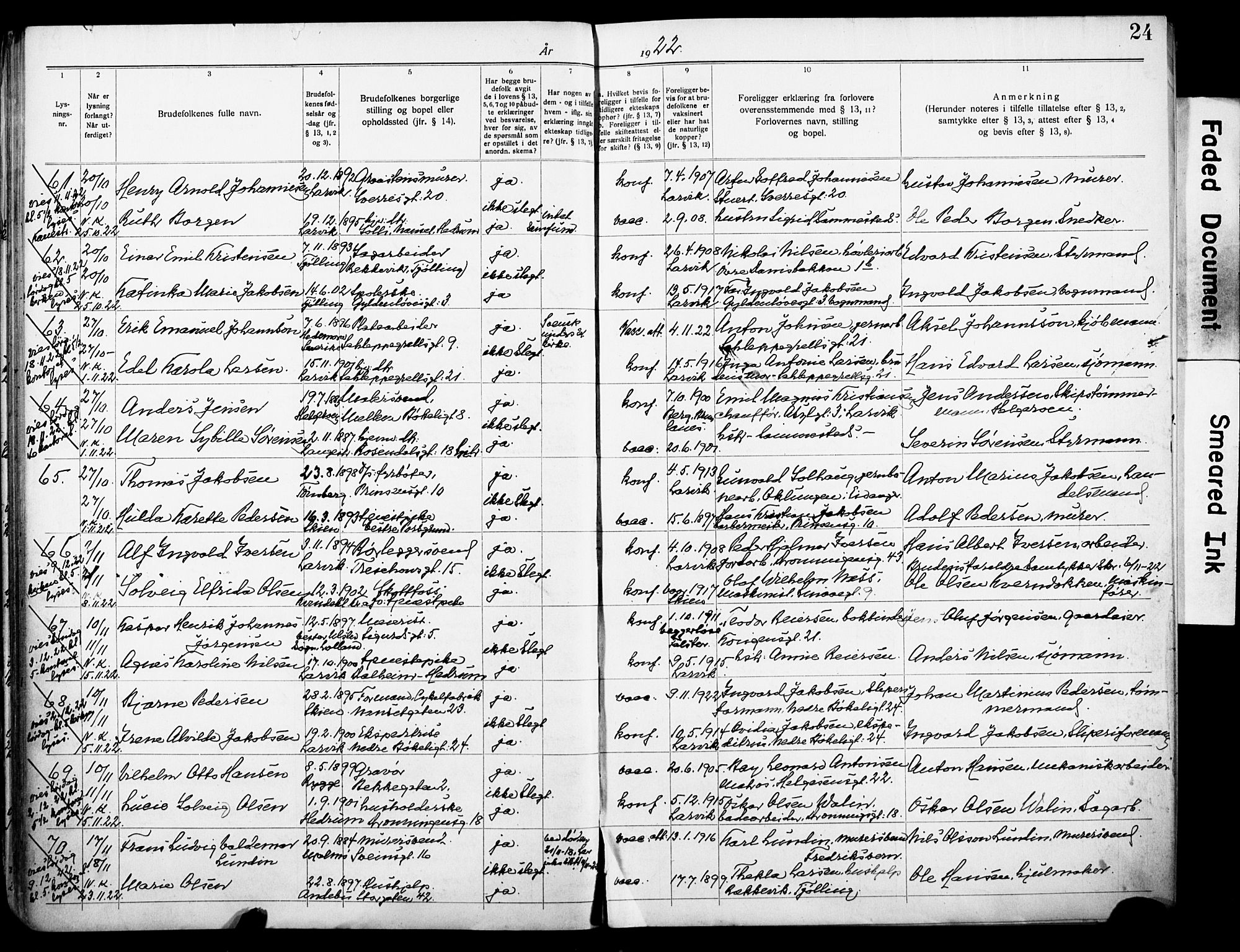 Larvik kirkebøker, AV/SAKO-A-352/H/Ha/L0005: Banns register no. 5, 1920-1933, p. 24