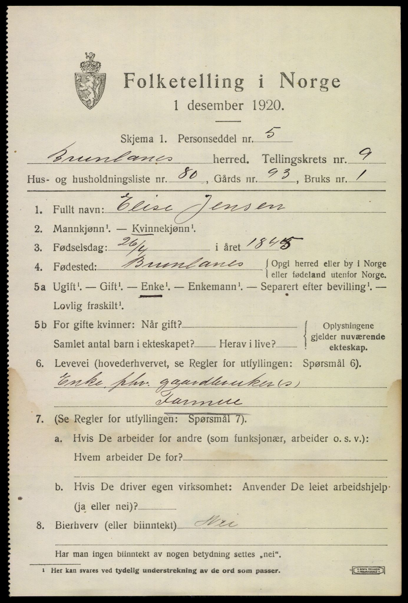 SAKO, 1920 census for Brunlanes, 1920, p. 8593