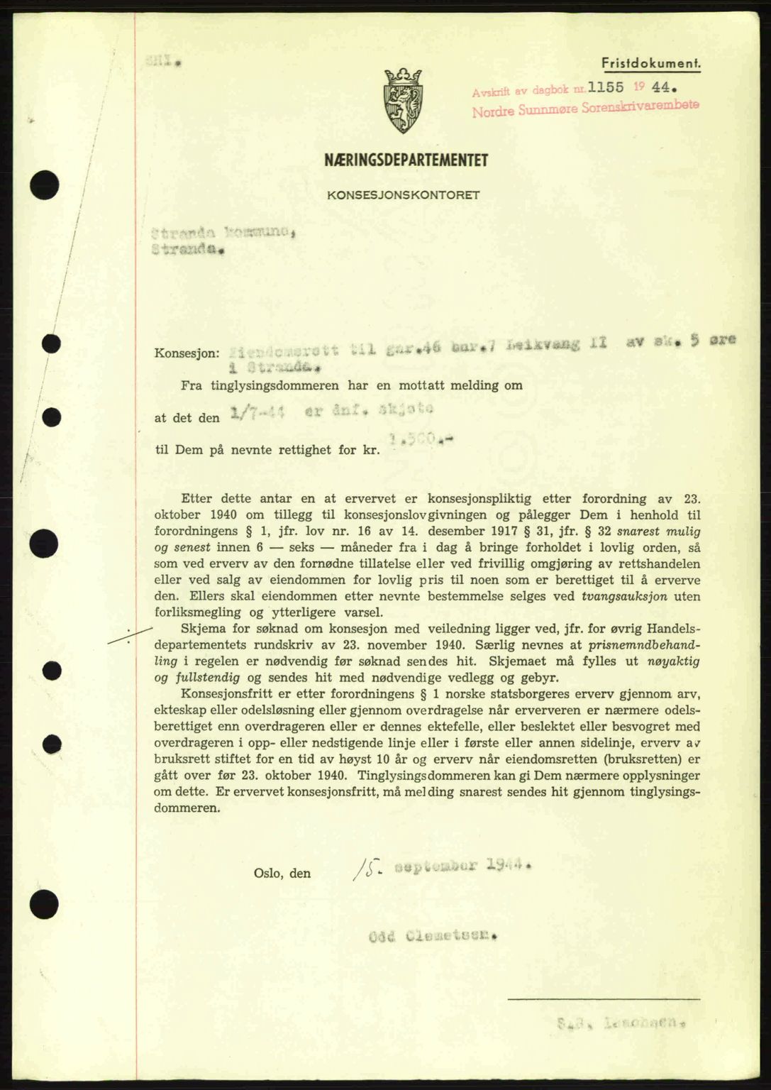 Nordre Sunnmøre sorenskriveri, SAT/A-0006/1/2/2C/2Ca: Mortgage book no. B6-14 a, 1942-1945, Diary no: : 1155/1944