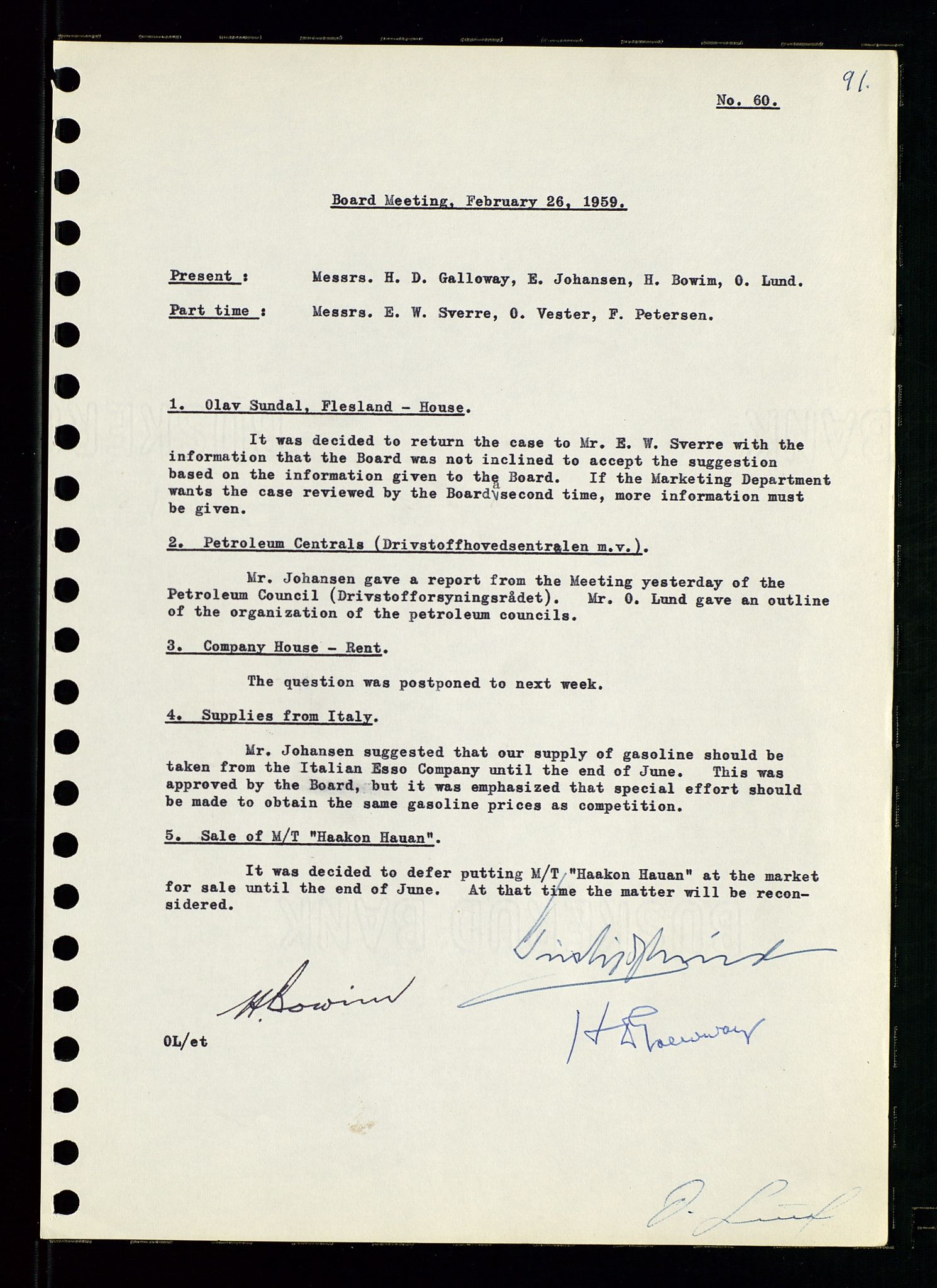 Pa 0982 - Esso Norge A/S, AV/SAST-A-100448/A/Aa/L0001/0001: Den administrerende direksjon Board minutes (styrereferater) / Den administrerende direksjon Board minutes (styrereferater), 1958-1959, p. 91