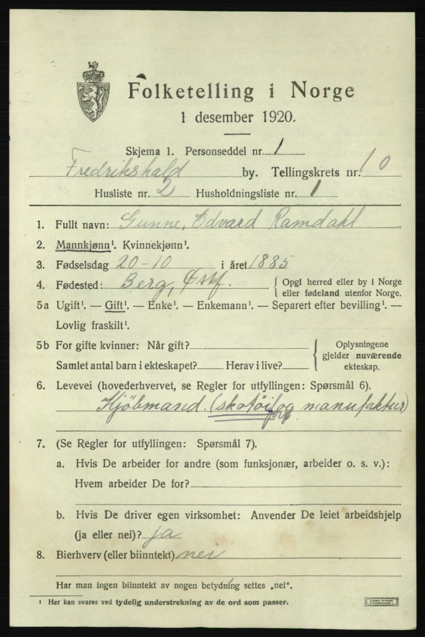 SAO, 1920 census for Fredrikshald, 1920, p. 17440