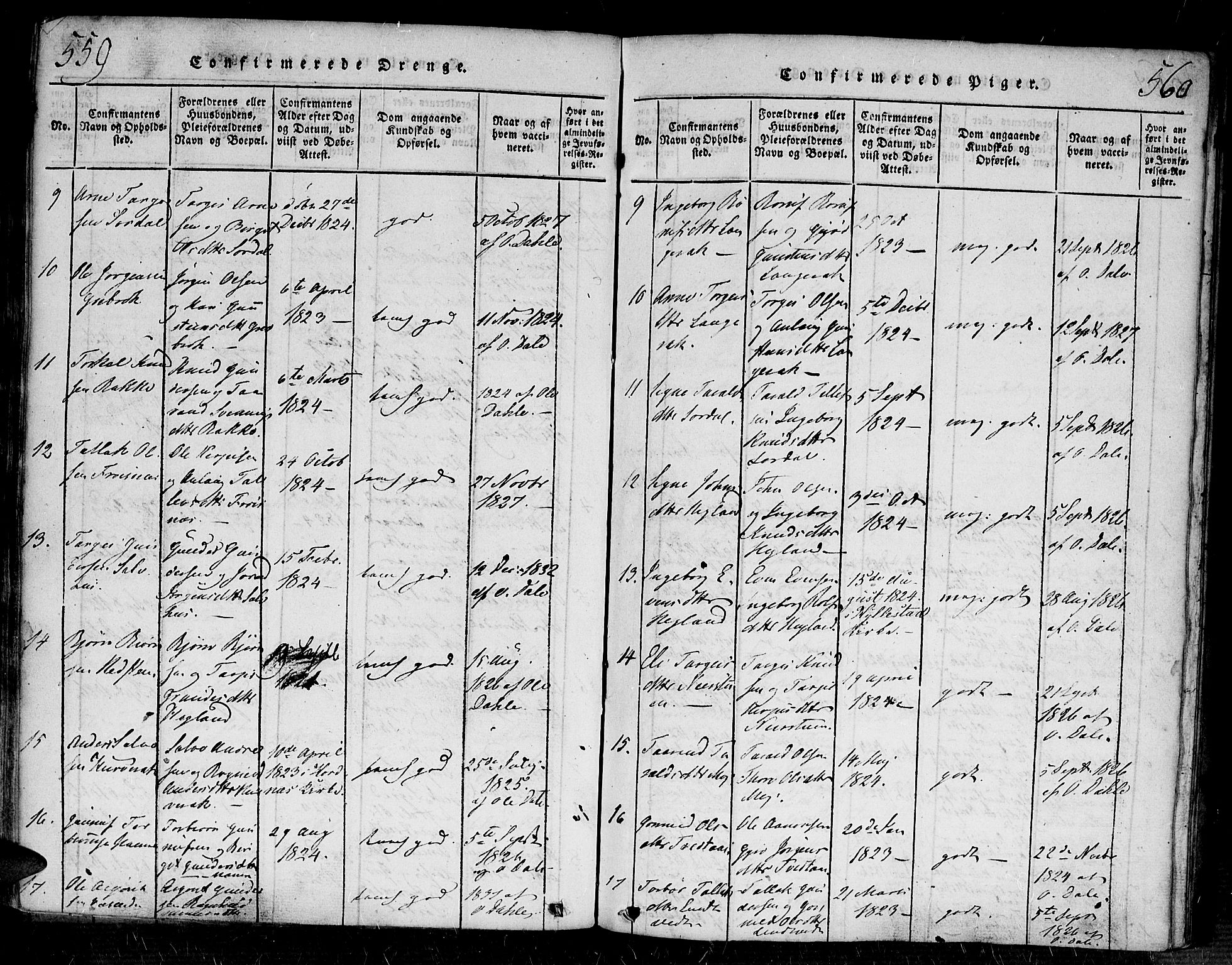 Bygland sokneprestkontor, SAK/1111-0006/F/Fa/Fab/L0003: Parish register (official) no. A 3, 1816-1841, p. 559-560