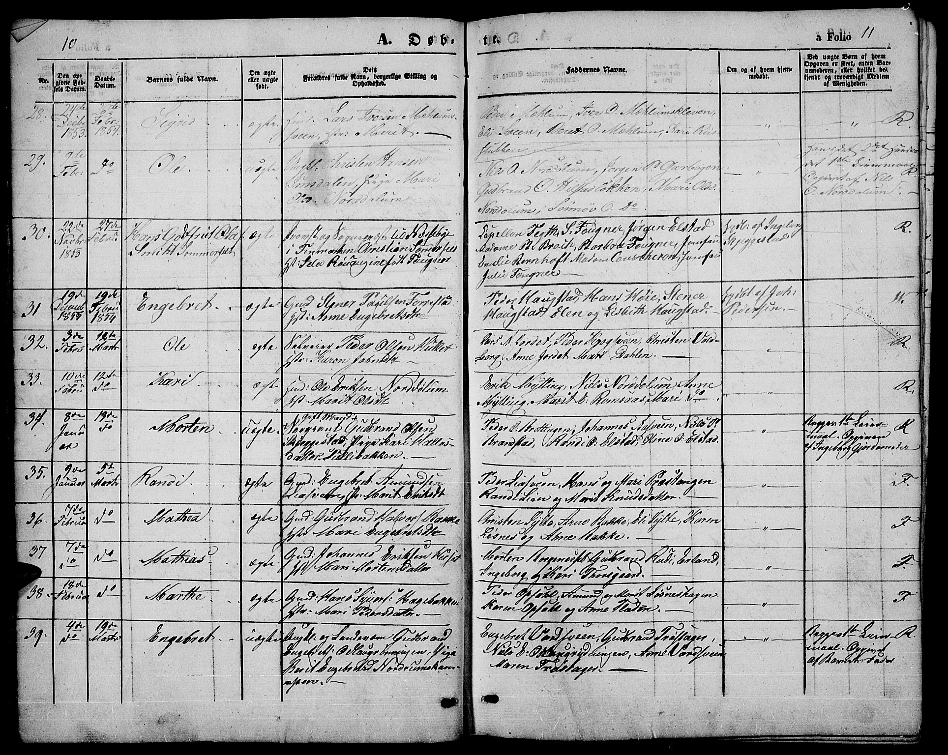 Ringebu prestekontor, SAH/PREST-082/H/Ha/Hab/L0003: Parish register (copy) no. 3, 1854-1866, p. 10-11