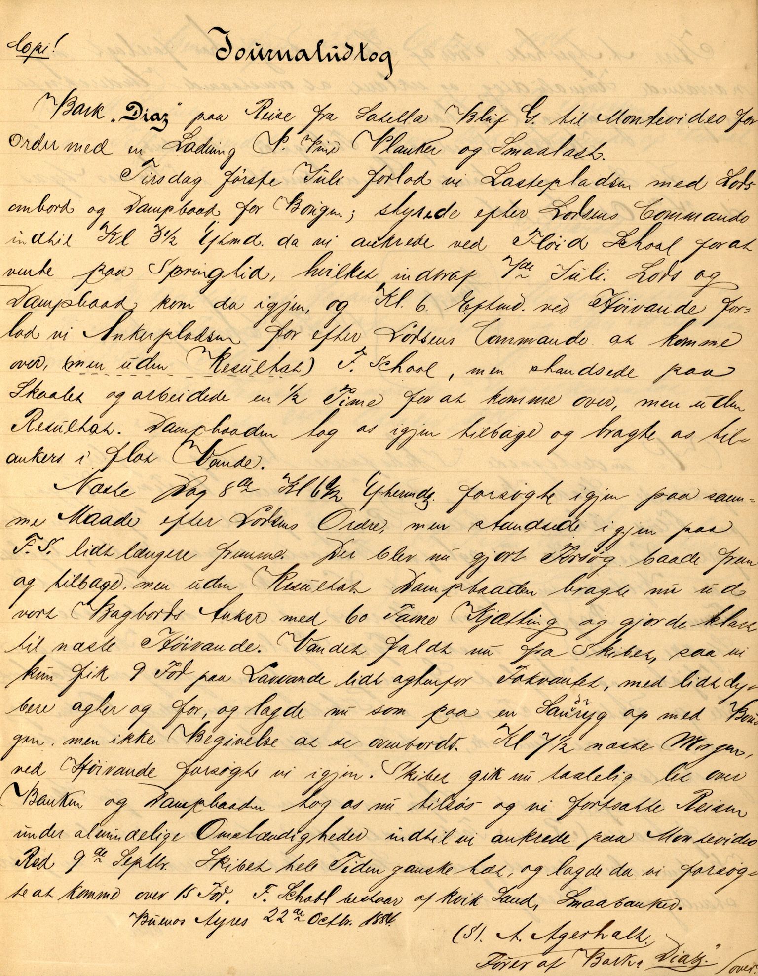 Pa 63 - Østlandske skibsassuranceforening, VEMU/A-1079/G/Ga/L0017/0013: Havaridokumenter / Diaz, Holmestrand, Kalliope, Olaf Trygvason, Norafjeld, 1884, p. 2