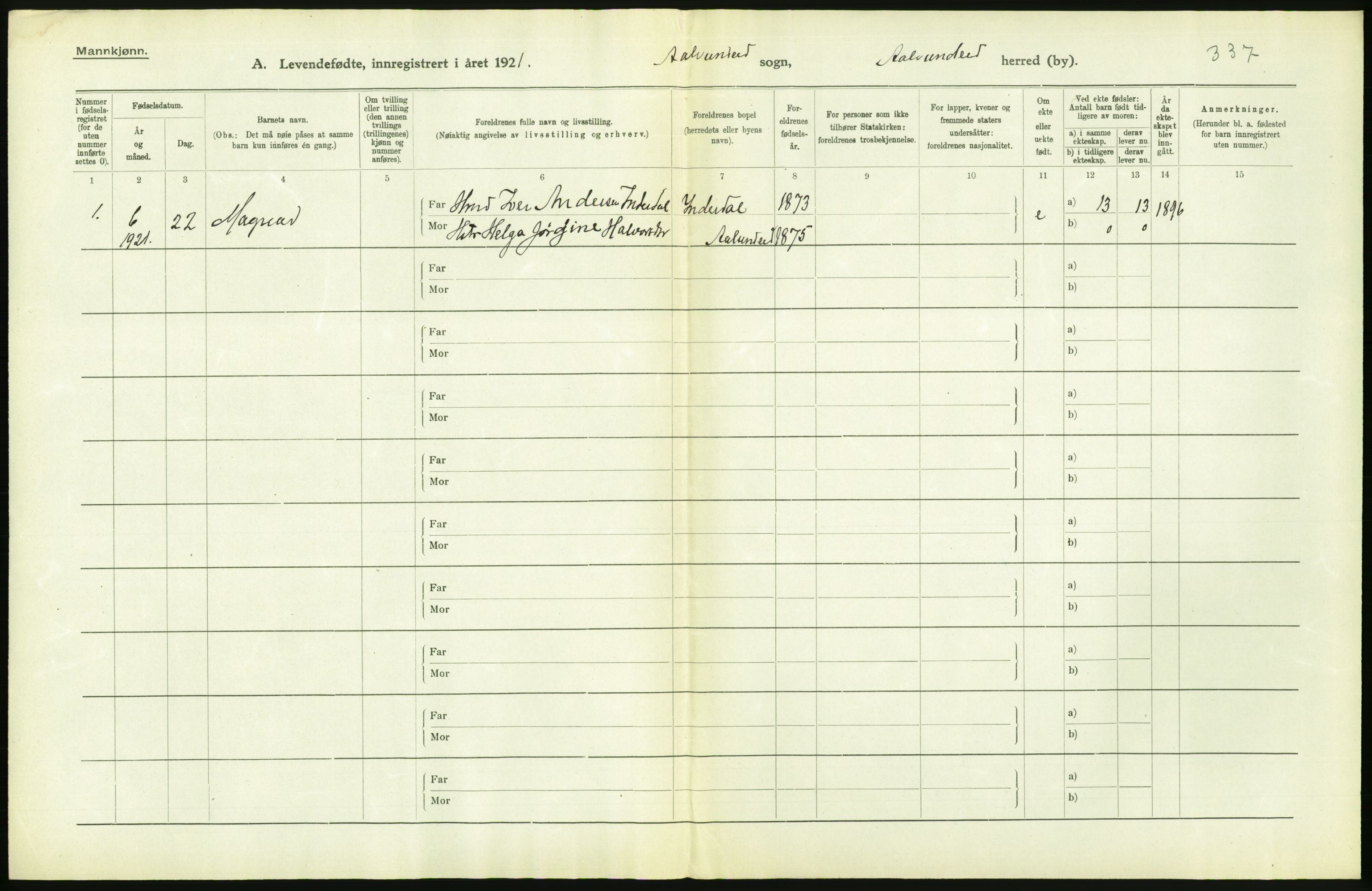 Statistisk sentralbyrå, Sosiodemografiske emner, Befolkning, AV/RA-S-2228/D/Df/Dfc/Dfca/L0040: Møre fylke: Levendefødte menn og kvinner. Bygder., 1921, p. 578