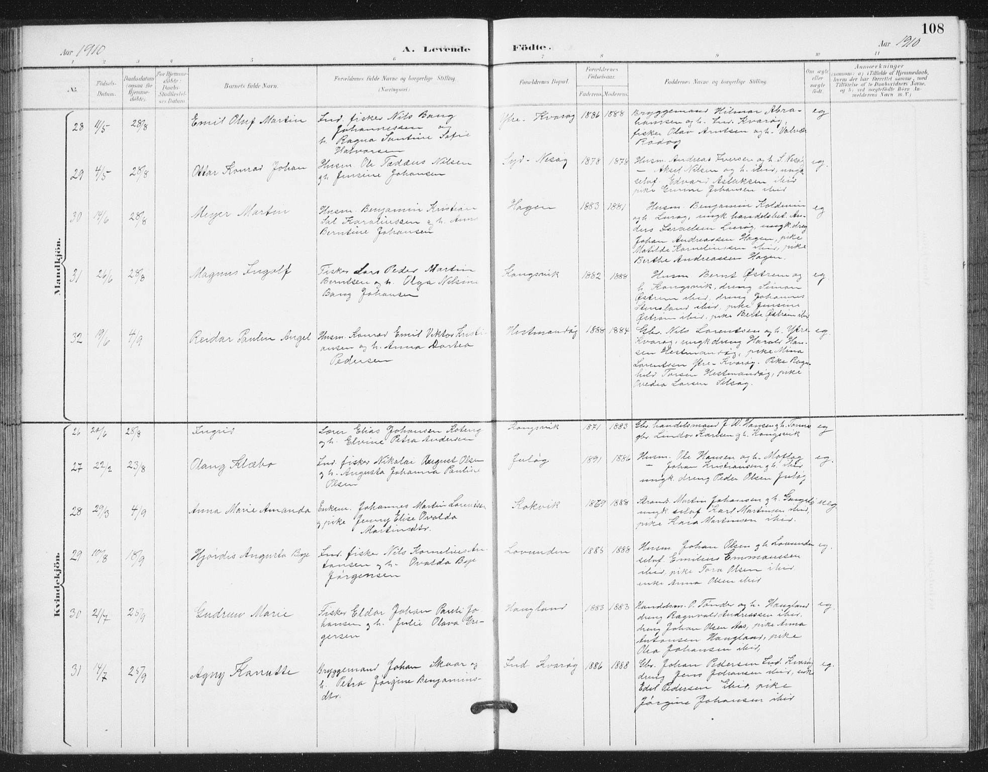 Ministerialprotokoller, klokkerbøker og fødselsregistre - Nordland, AV/SAT-A-1459/839/L0573: Parish register (copy) no. 839C03, 1892-1917, p. 108