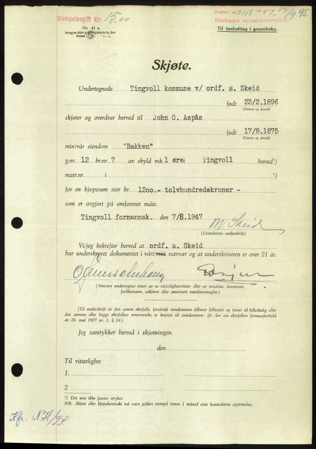 Nordmøre sorenskriveri, AV/SAT-A-4132/1/2/2Ca: Mortgage book no. A106, 1947-1947, Diary no: : 2118/1947