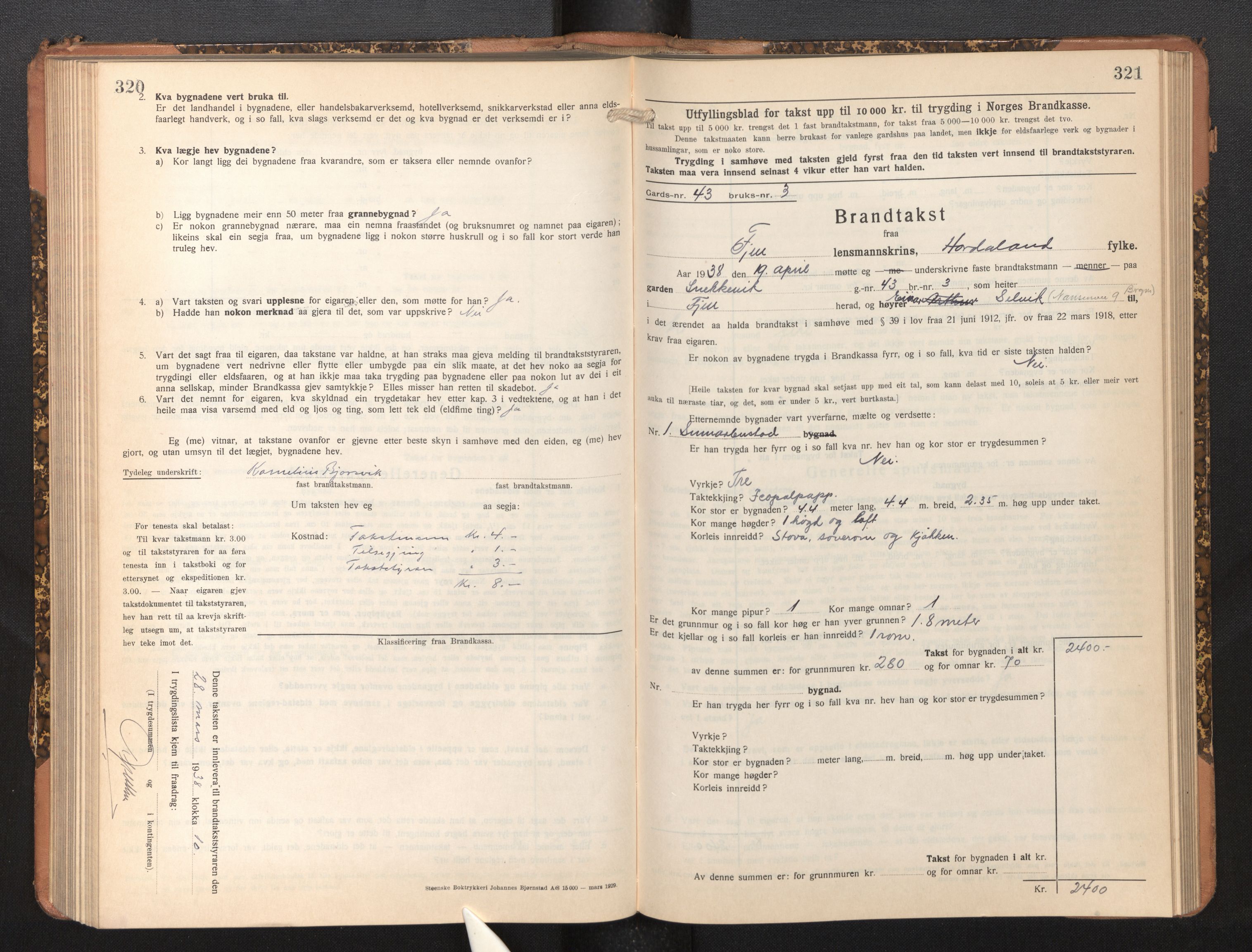 Lensmannen i Fjell, SAB/A-32301/0012/L0006: Branntakstprotokoll, skjematakst, 1931-1945, p. 320-321