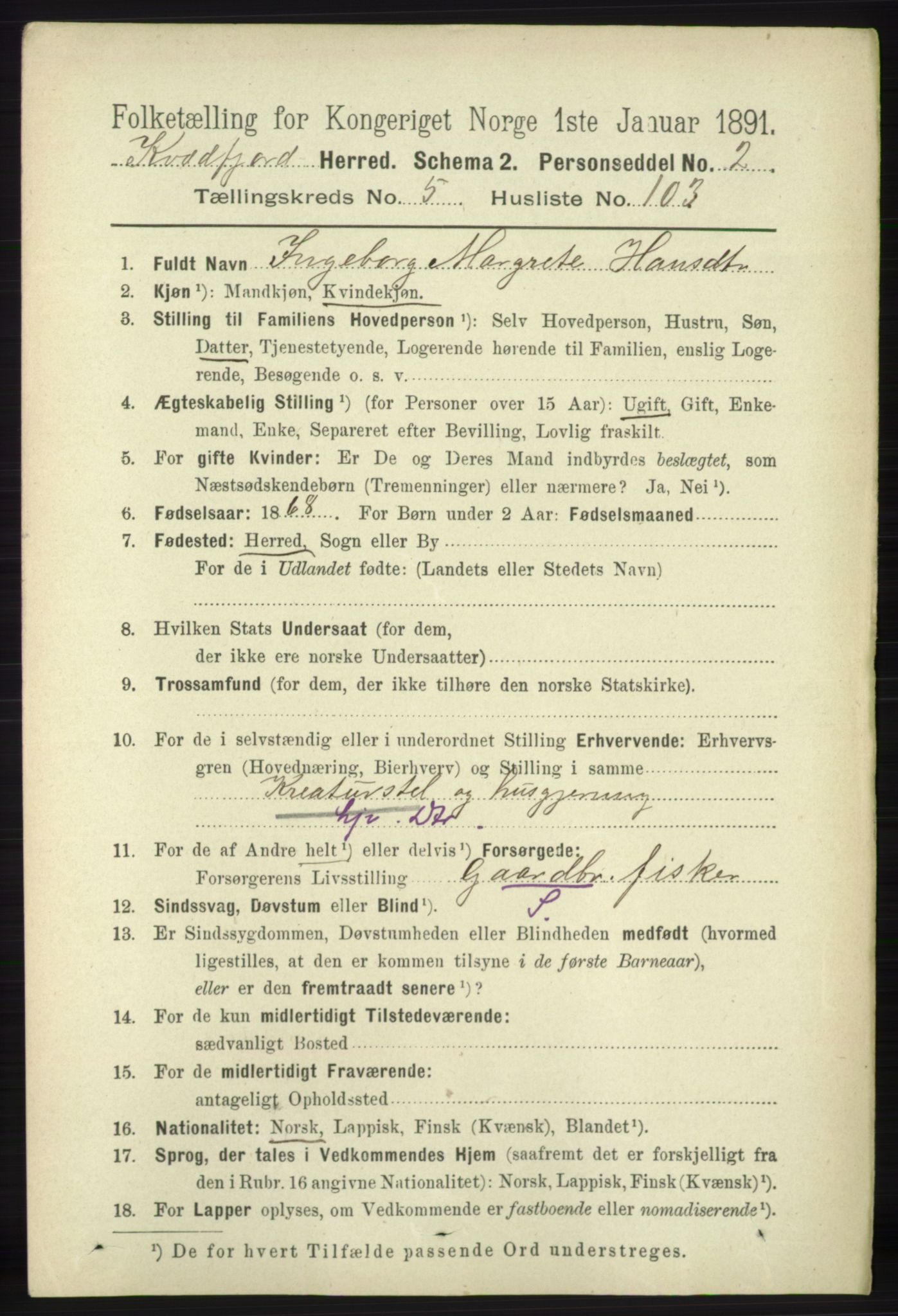 RA, 1891 census for 1911 Kvæfjord, 1891, p. 3489