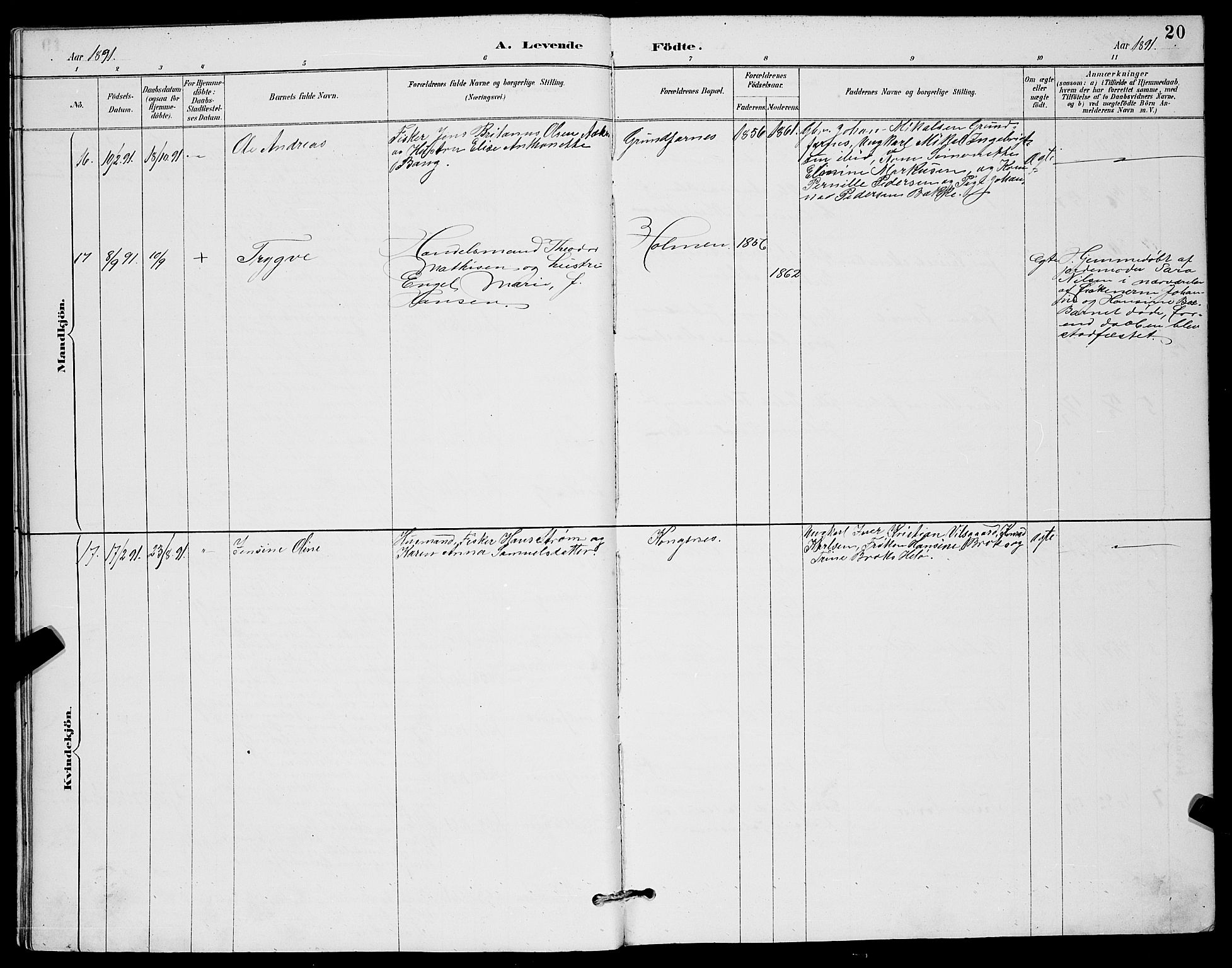 Berg sokneprestkontor, AV/SATØ-S-1318/G/Ga/Gab/L0012klokker: Parish register (copy) no. 12, 1887-1902, p. 20