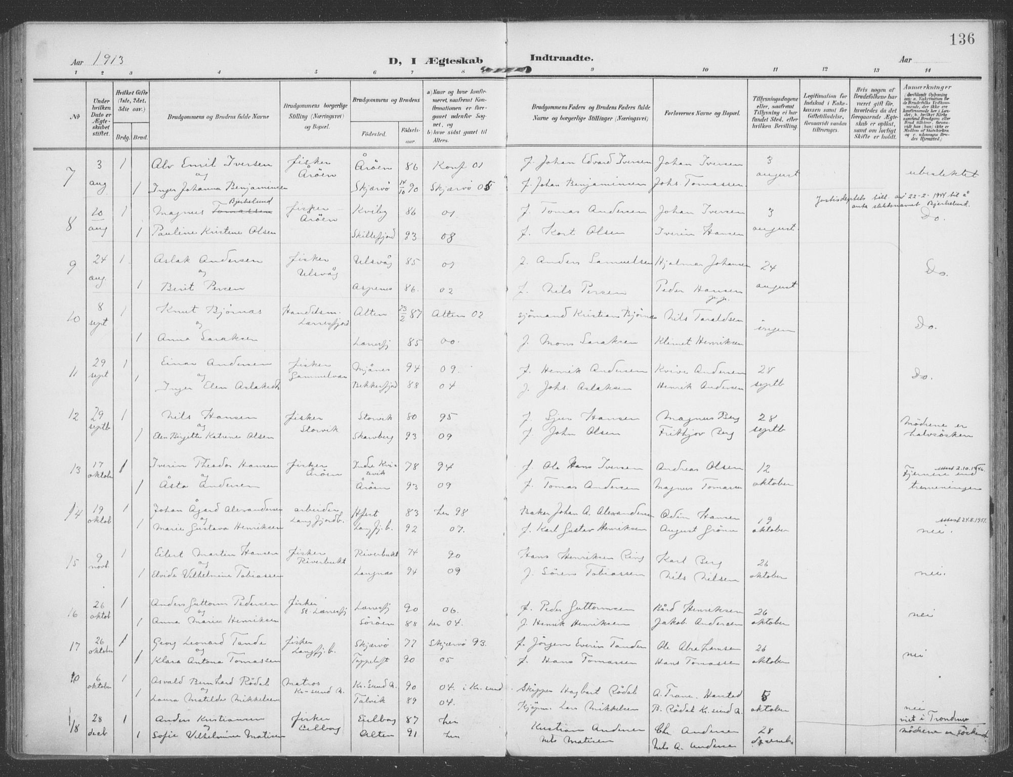 Talvik sokneprestkontor, SATØ/S-1337/H/Ha/L0017kirke: Parish register (official) no. 17, 1906-1915, p. 136