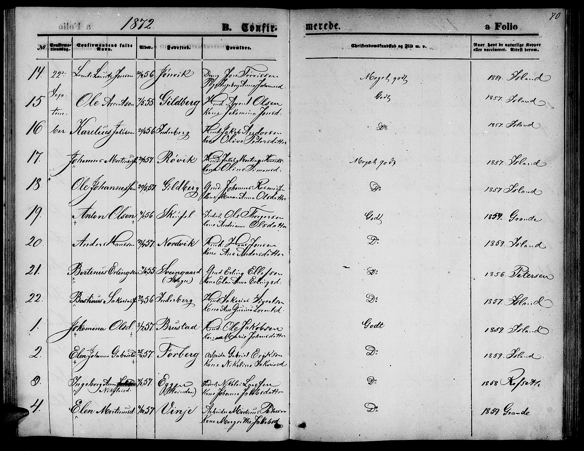 Ministerialprotokoller, klokkerbøker og fødselsregistre - Nord-Trøndelag, SAT/A-1458/722/L0225: Parish register (copy) no. 722C01, 1871-1888, p. 70