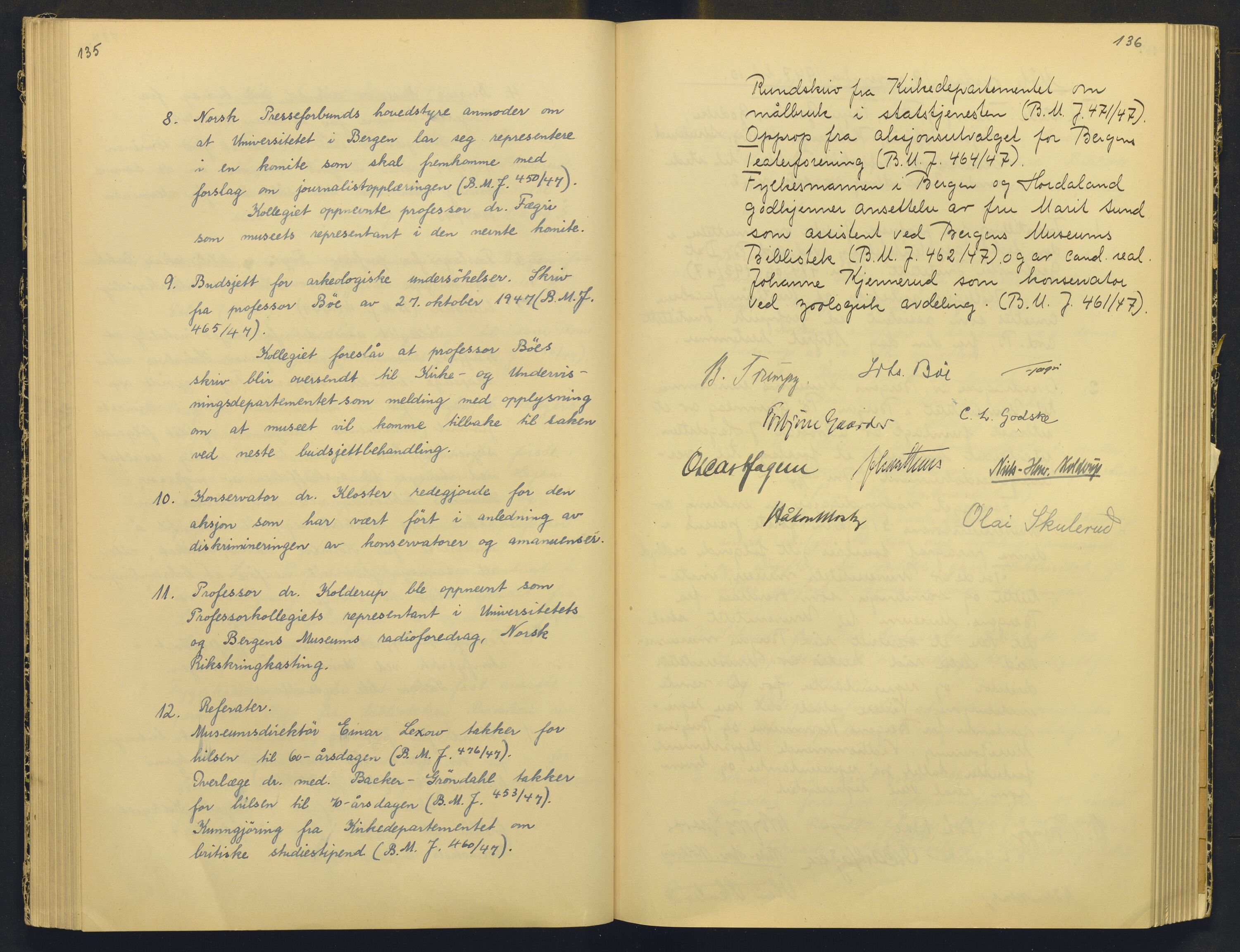 Bergens Museum, AV/SAB-A-17301/18/A/L0004: Professorkollegiets møtebok med register , 1945-1949, p. 135-136