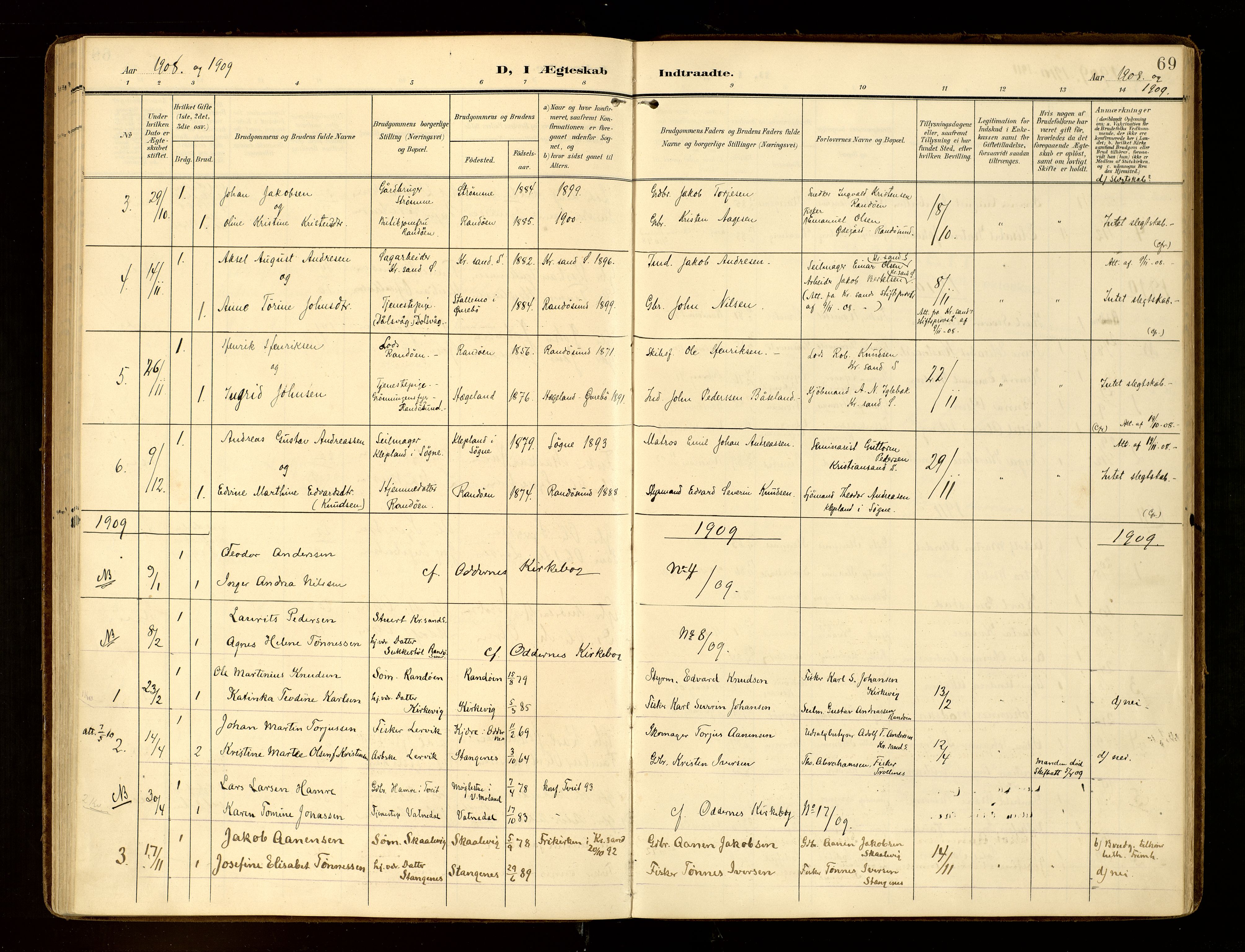 Oddernes sokneprestkontor, AV/SAK-1111-0033/F/Fa/Fab/L0003: Parish register (official) no. A 3, 1903-1916, p. 69