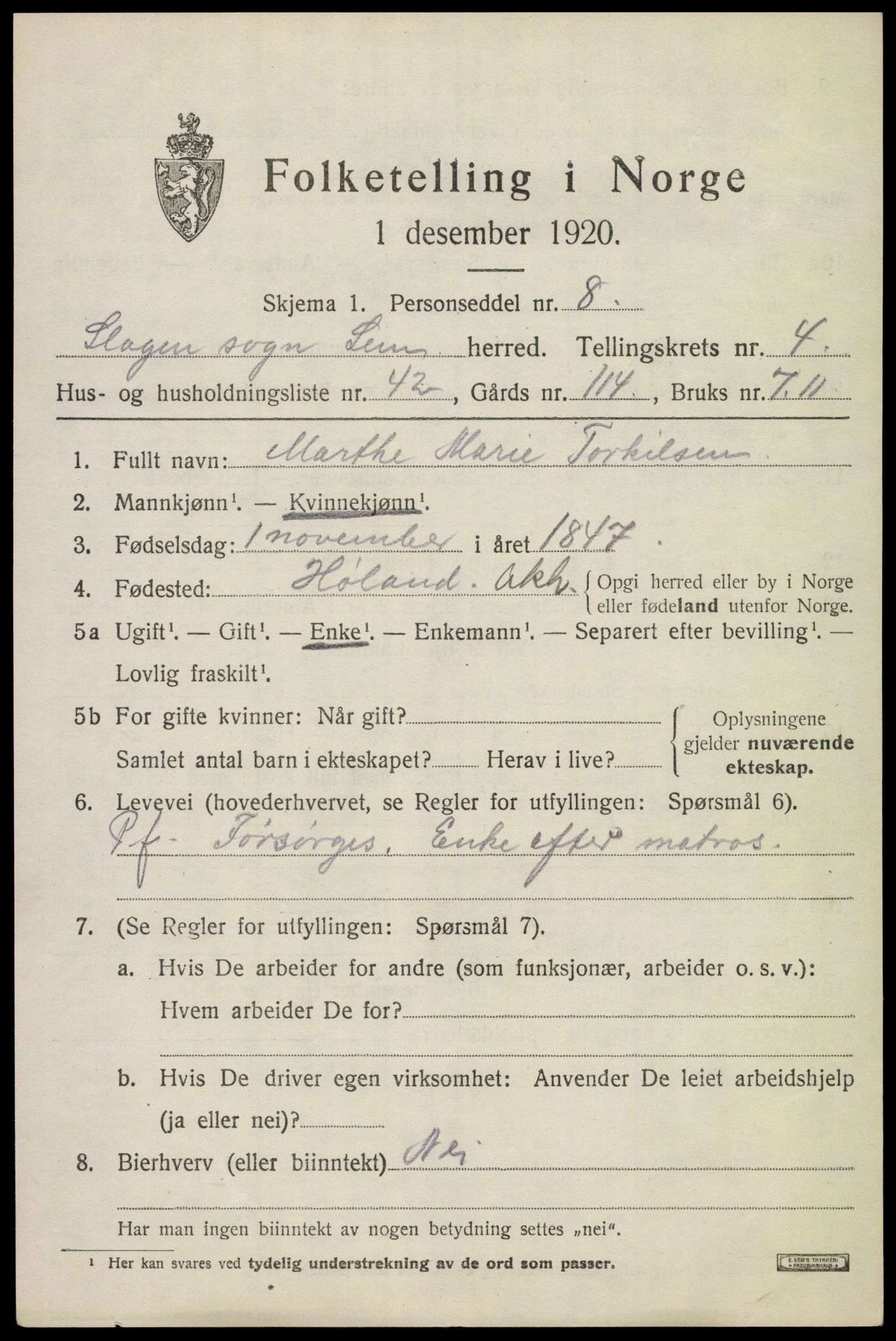 SAKO, 1920 census for Sem, 1920, p. 7537