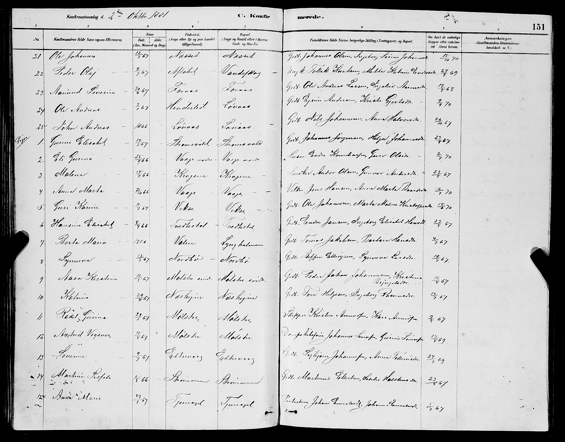 Sveio Sokneprestembete, SAB/A-78501/H/Hab: Parish register (copy) no. A 3, 1878-1896, p. 151