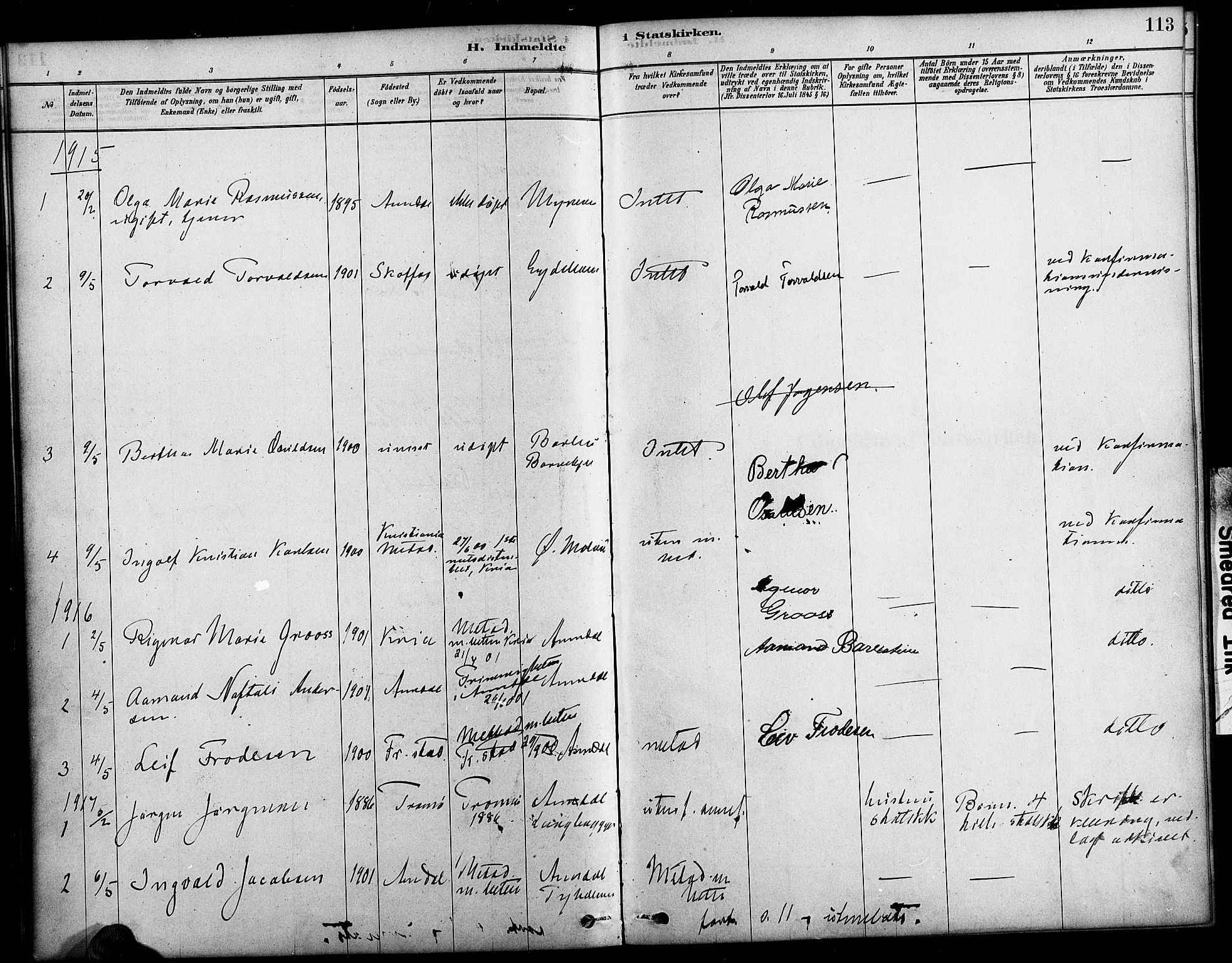 Arendal sokneprestkontor, Trefoldighet, SAK/1111-0040/F/Fa/L0009: Parish register (official) no. A 9, 1878-1919, p. 113