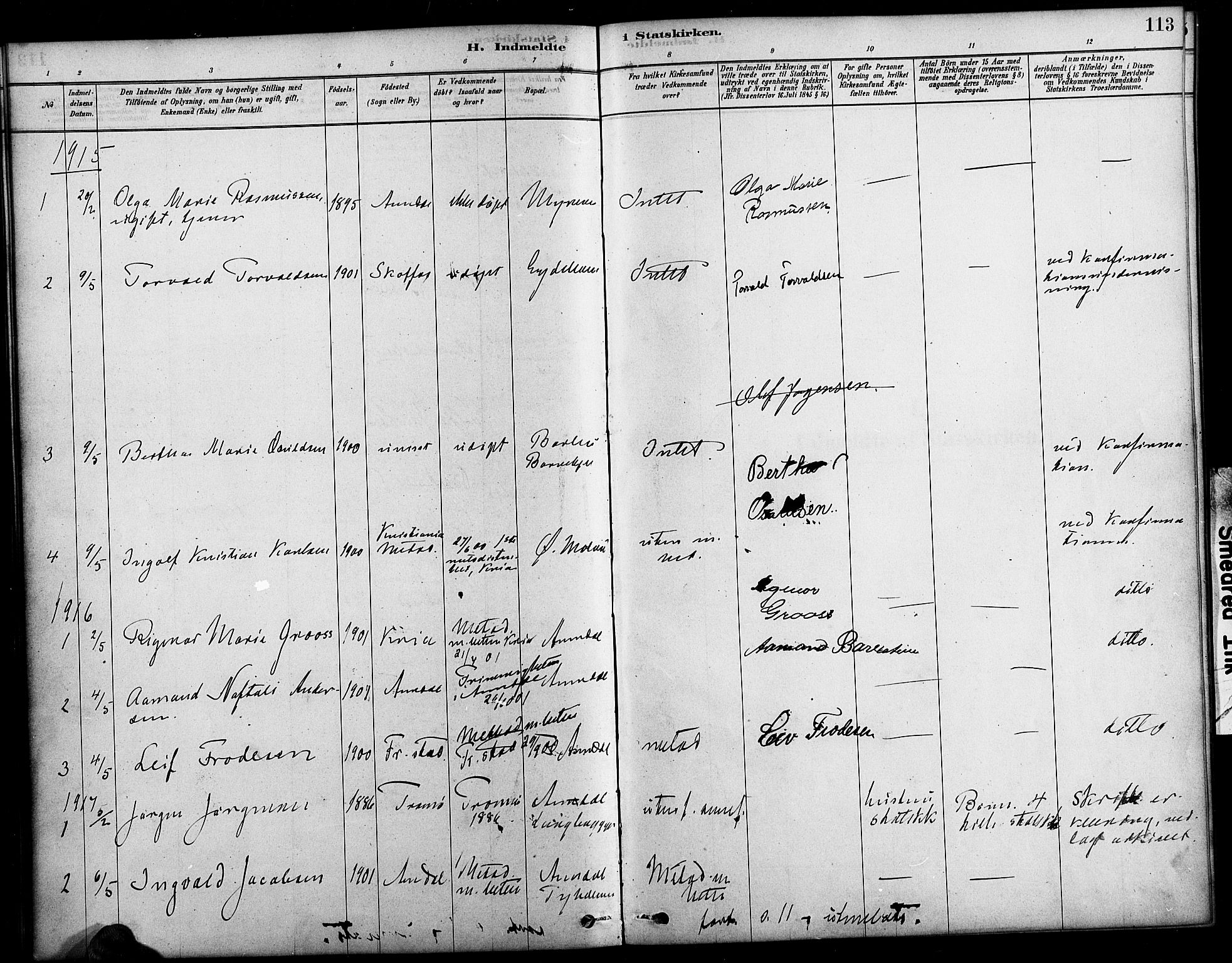 Arendal sokneprestkontor, Trefoldighet, AV/SAK-1111-0040/F/Fa/L0009: Parish register (official) no. A 9, 1878-1919, p. 113