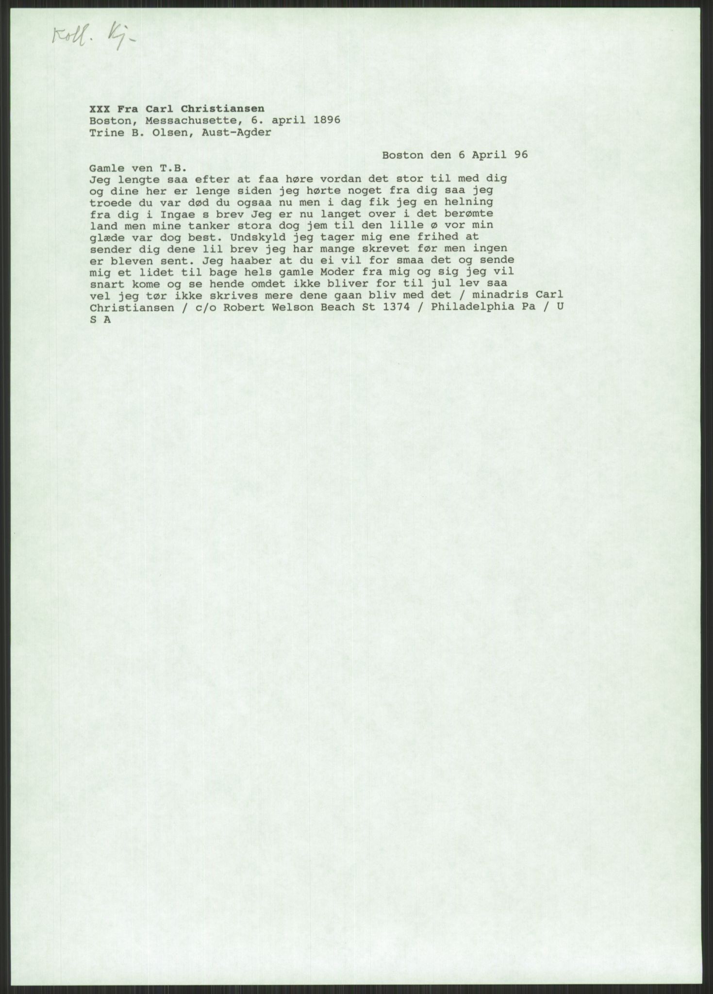 Samlinger til kildeutgivelse, Amerikabrevene, RA/EA-4057/F/L0025: Innlån fra Aust-Agder: Aust-Agder-Arkivet, Grimstadbrevene, 1838-1914, p. 189