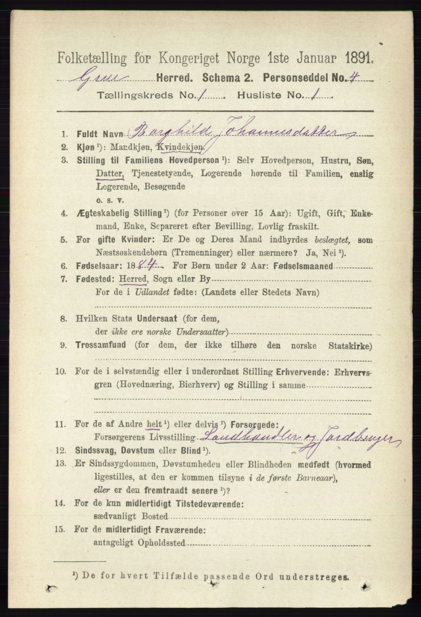 RA, 1891 census for 0423 Grue, 1891, p. 195