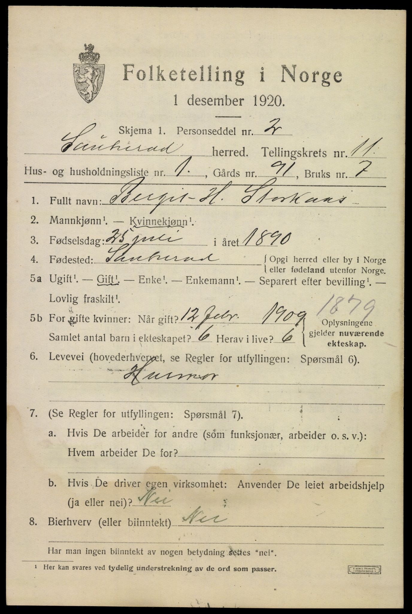 SAKO, 1920 census for Sauherad, 1920, p. 8035