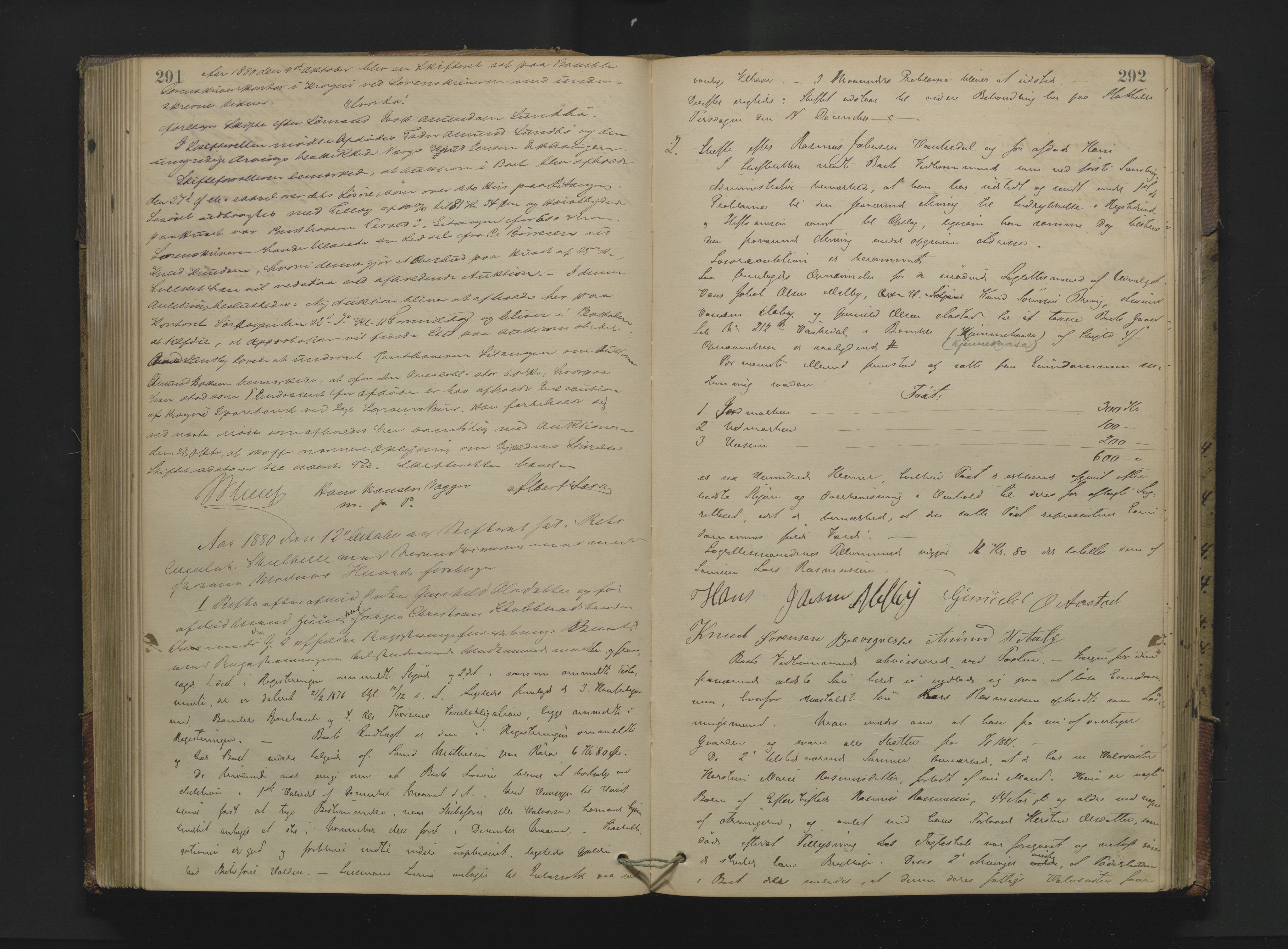Bamble sorenskriveri, AV/SAKO-A-214/H/Hb/Hbc/L0007: Skifteforhandlingsprotokoll, 1877-1885, p. 291-292