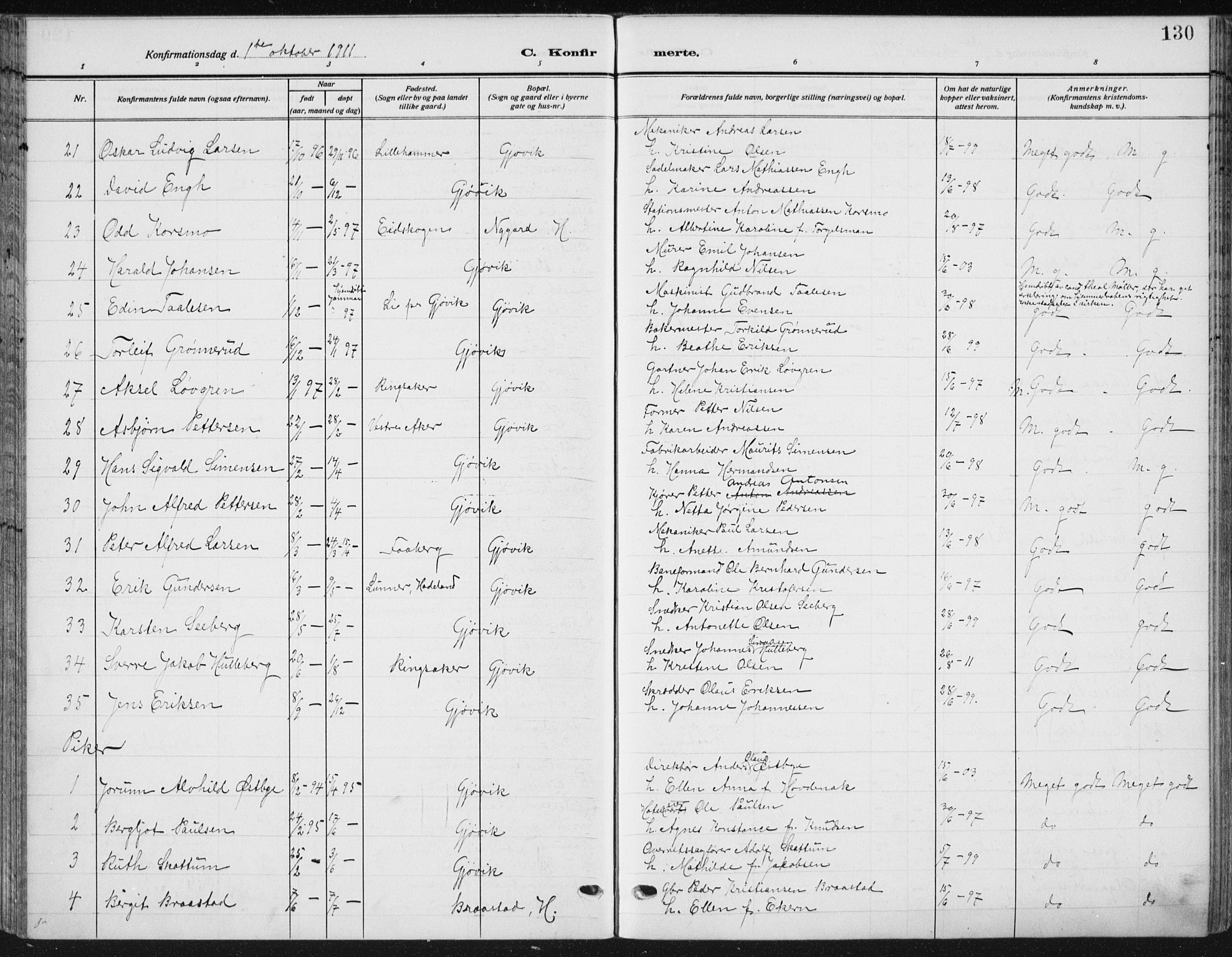 Vardal prestekontor, SAH/PREST-100/H/Ha/Haa/L0014: Parish register (official) no. 14, 1912-1922, p. 130