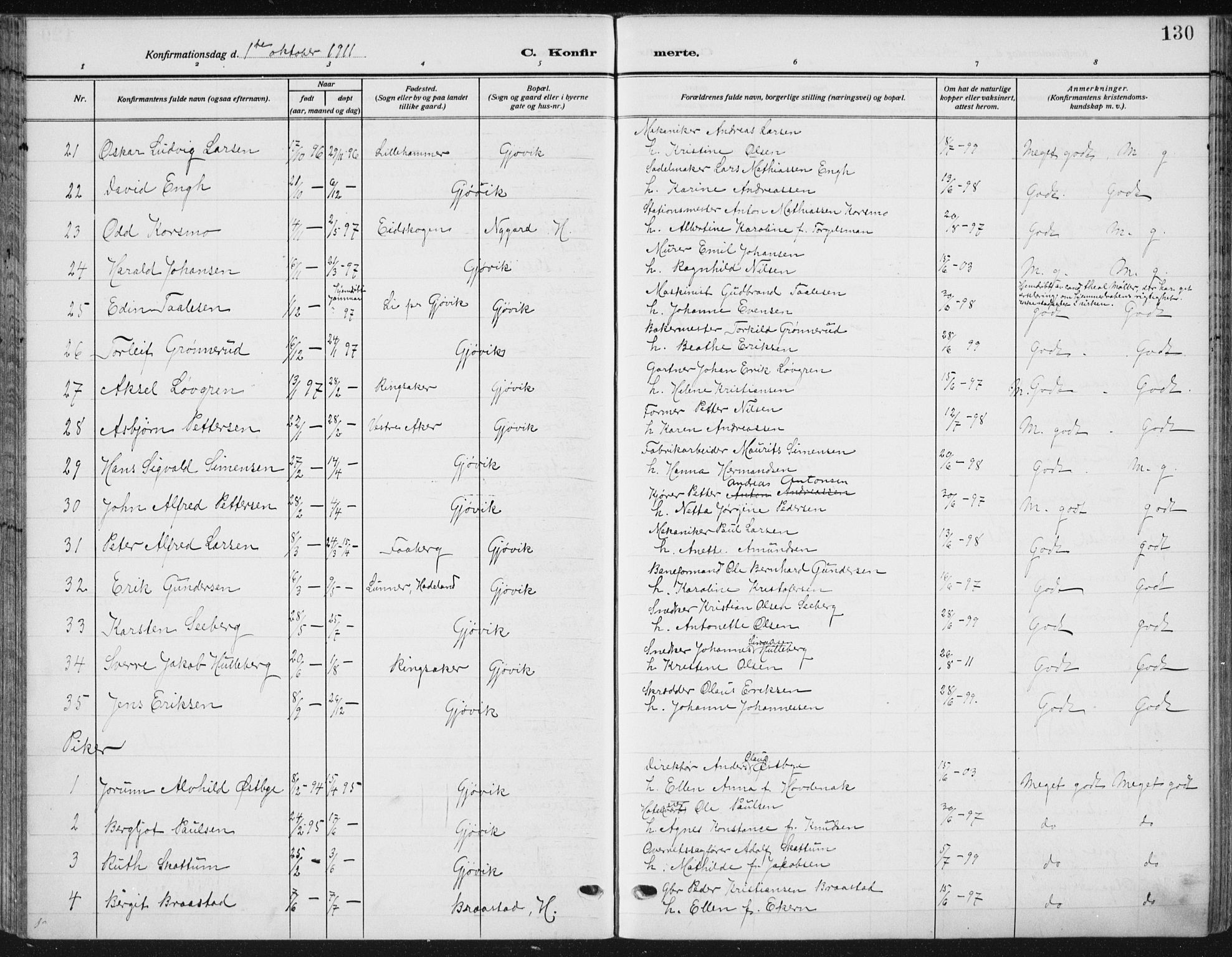 Vardal prestekontor, AV/SAH-PREST-100/H/Ha/Haa/L0014: Parish register (official) no. 14, 1912-1922, p. 130