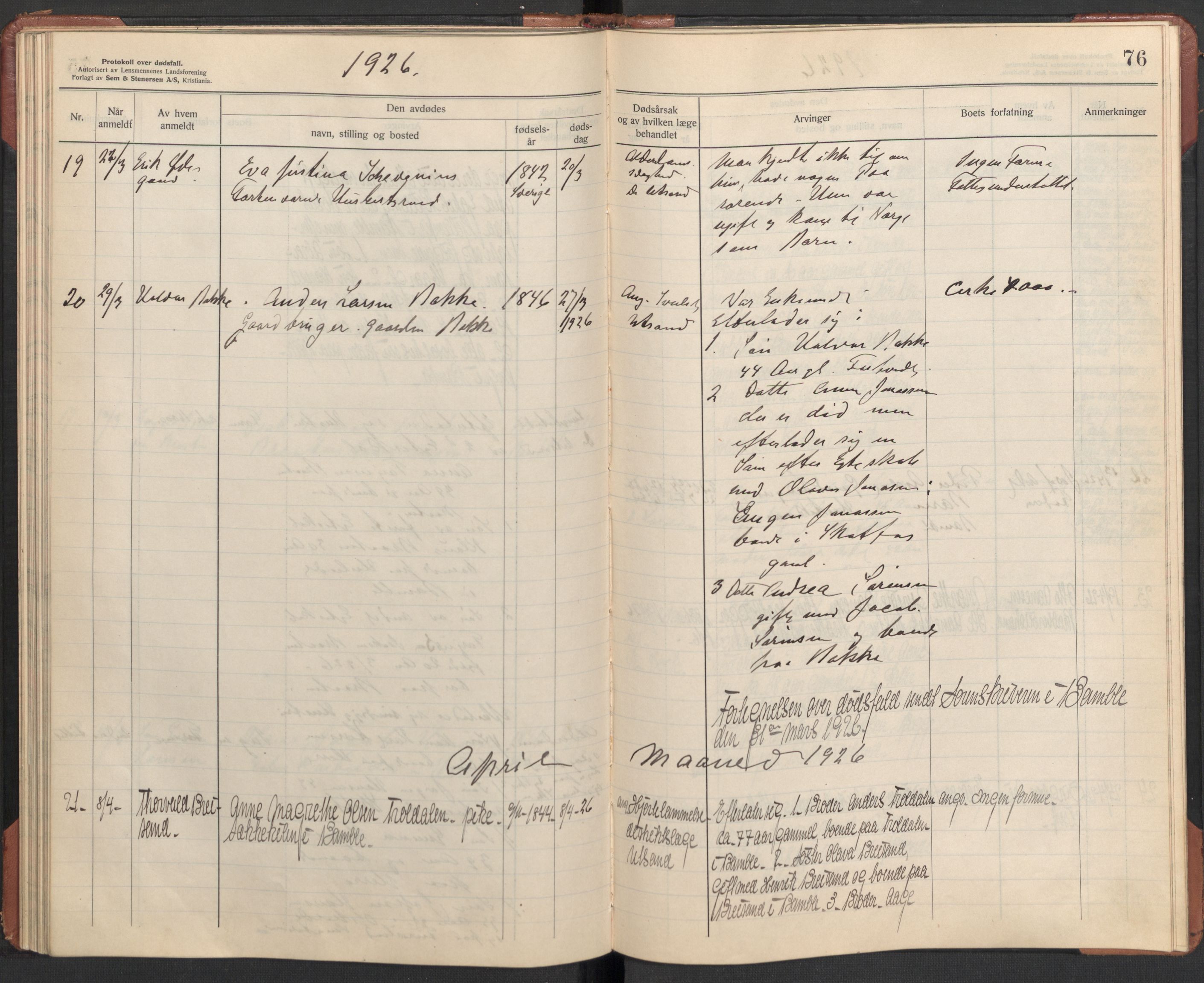 Bamble lensmannskontor, AV/SAKO-A-552/H/Ha/Haa/L0004: Dødsfallsprotokoll, 1923-1926, p. 76