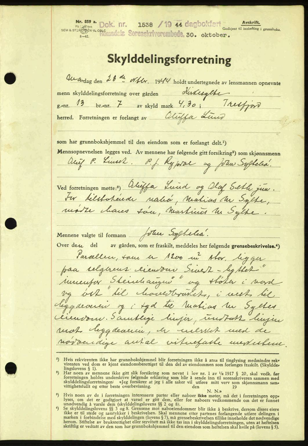 Romsdal sorenskriveri, AV/SAT-A-4149/1/2/2C: Mortgage book no. A17, 1944-1945, Diary no: : 1538/1944