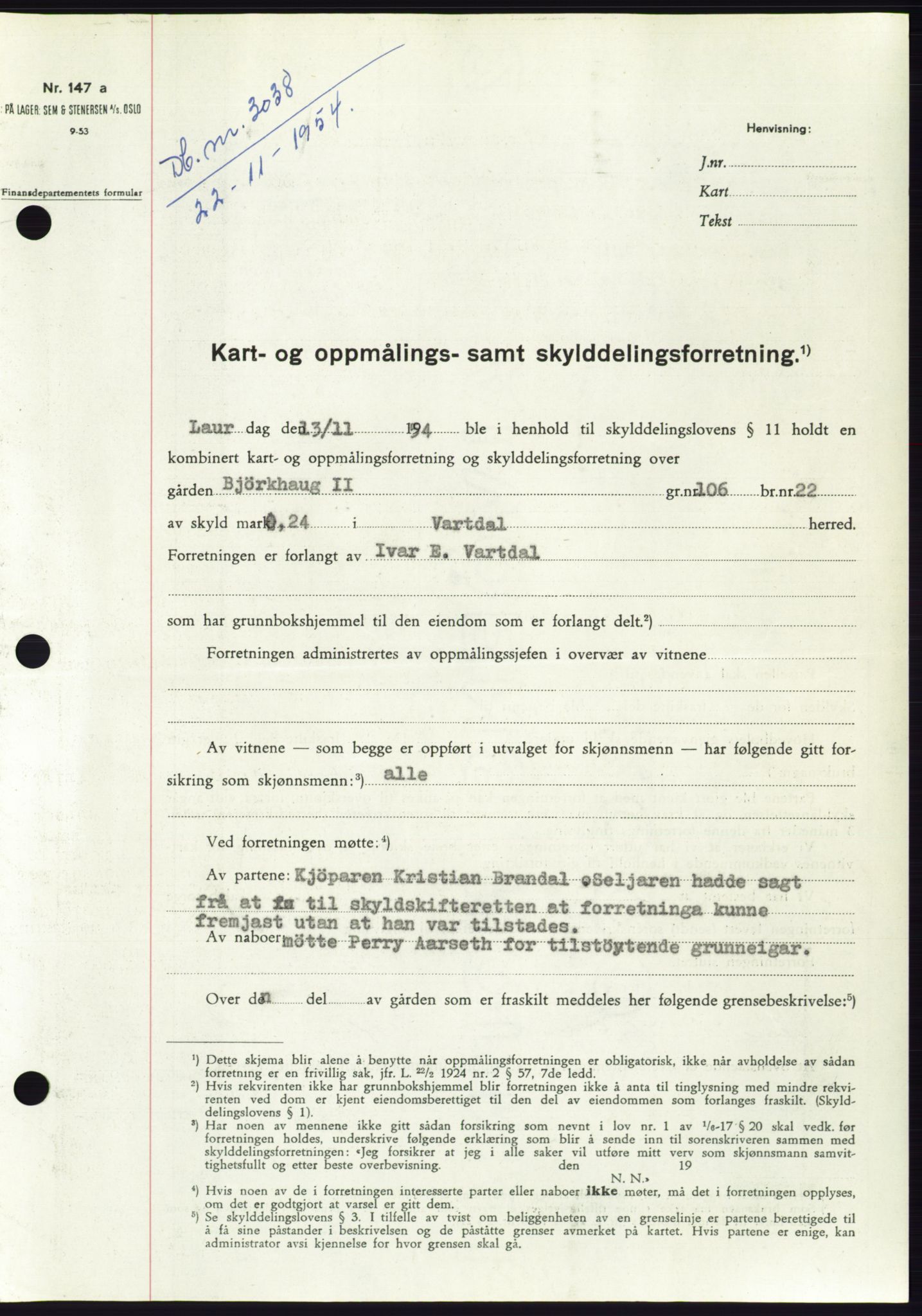 Søre Sunnmøre sorenskriveri, AV/SAT-A-4122/1/2/2C/L0099: Mortgage book no. 25A, 1954-1954, Diary no: : 3038/1954