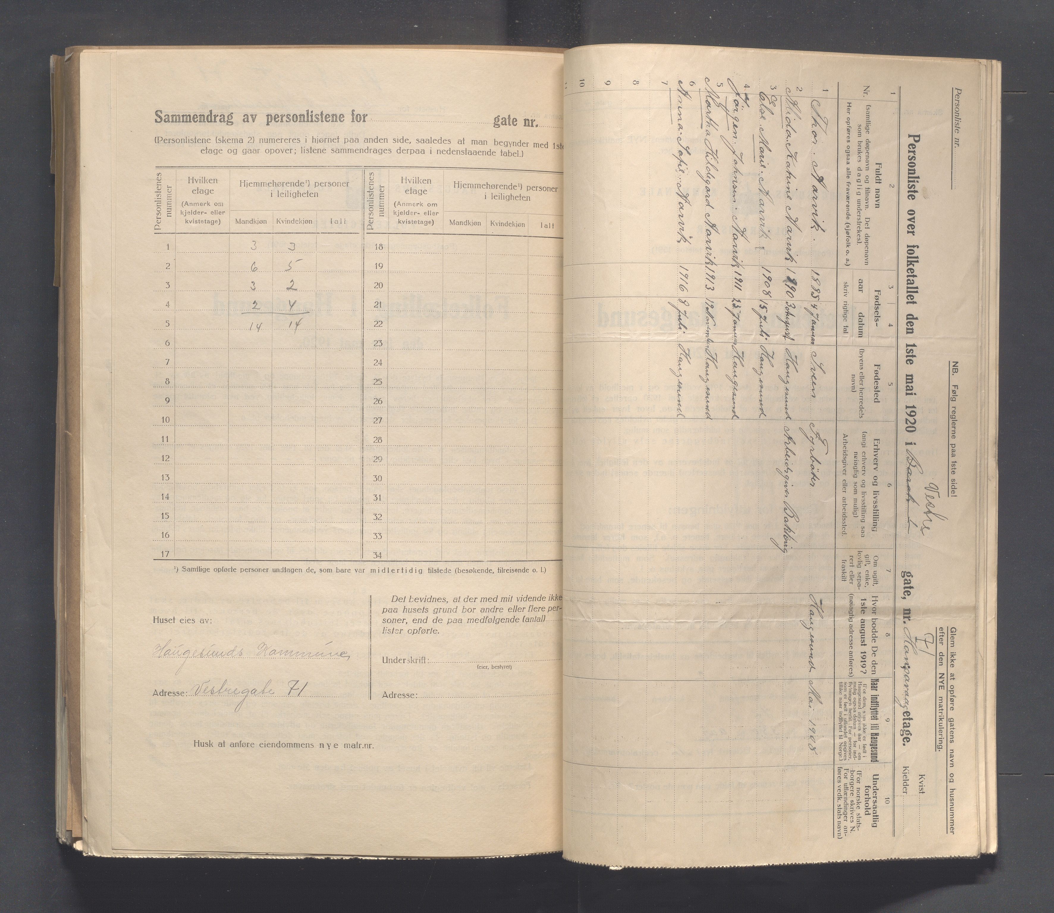 IKAR, Local census 1.5.1920 for Haugesund, 1920, p. 6319