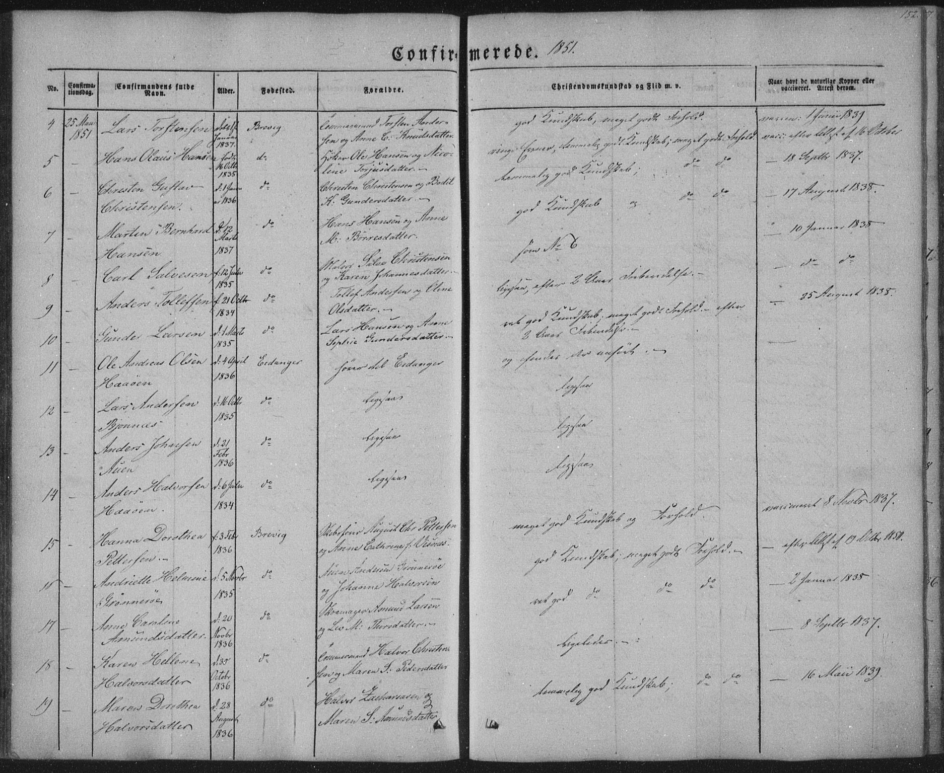 Brevik kirkebøker, AV/SAKO-A-255/F/Fa/L0005: Parish register (official) no. 5, 1847-1865, p. 152