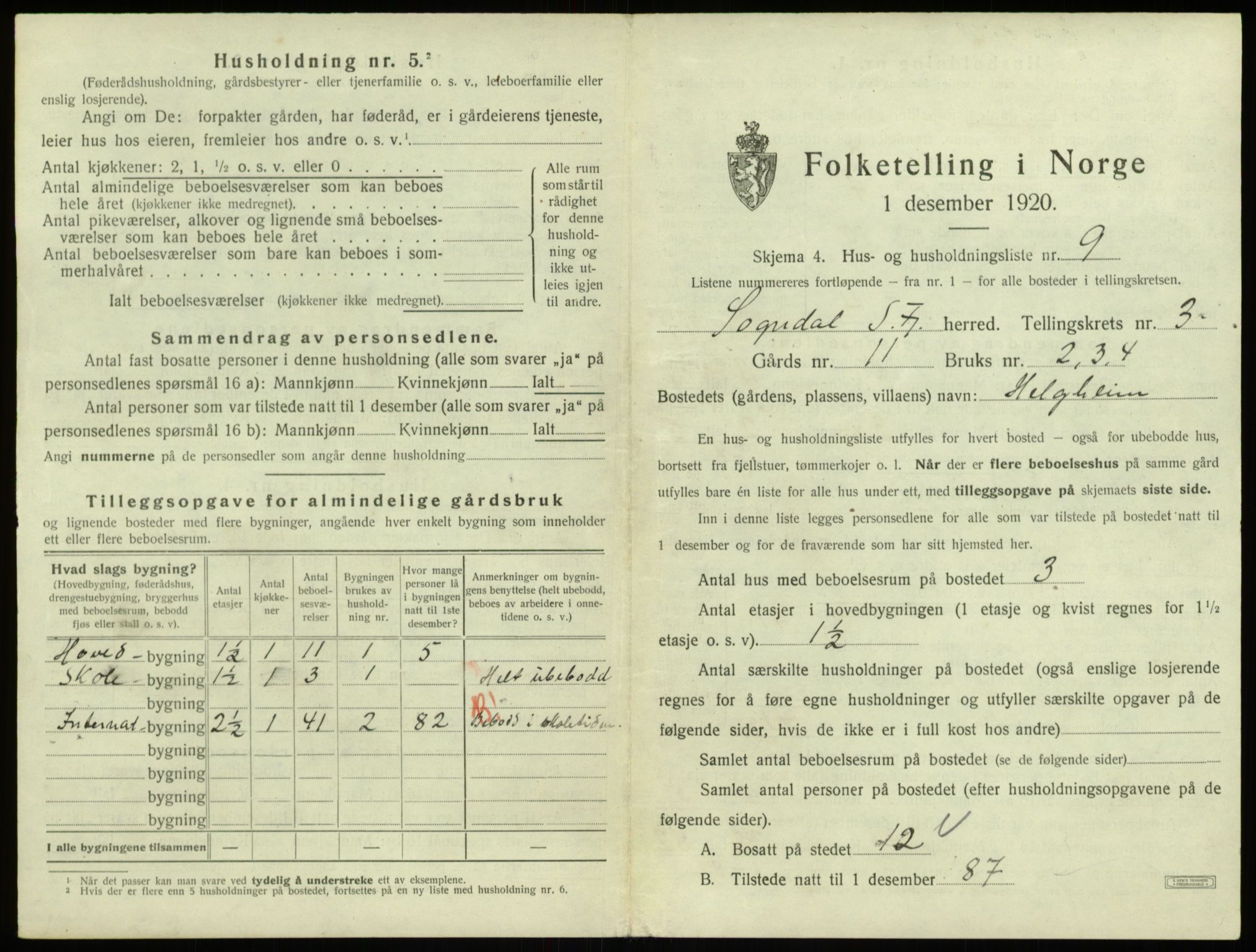 SAB, 1920 census for Sogndal, 1920, p. 223